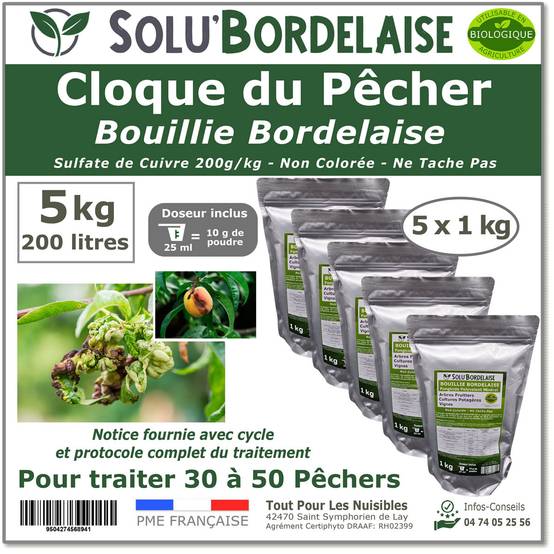 Solu'Bordelaise - Cloque du Pêcher - 5 kg de Bouillie Bordelaise Non Colorée - Polyvalent à base de Sulfate de Cuivre 200 g/kg - Doseur Inclus - Image 1