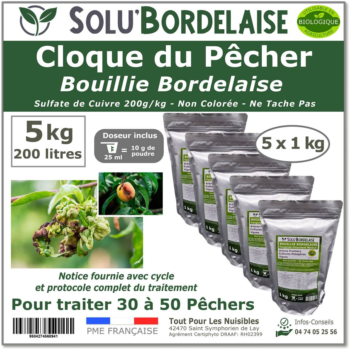 Solu'Bordelaise - Cloque du Pêcher - 5 kg de Bouillie Bordelaise Non Colorée - Polyvalent à base de Sulfate de Cuivre 200 g/kg - Doseur Inclus