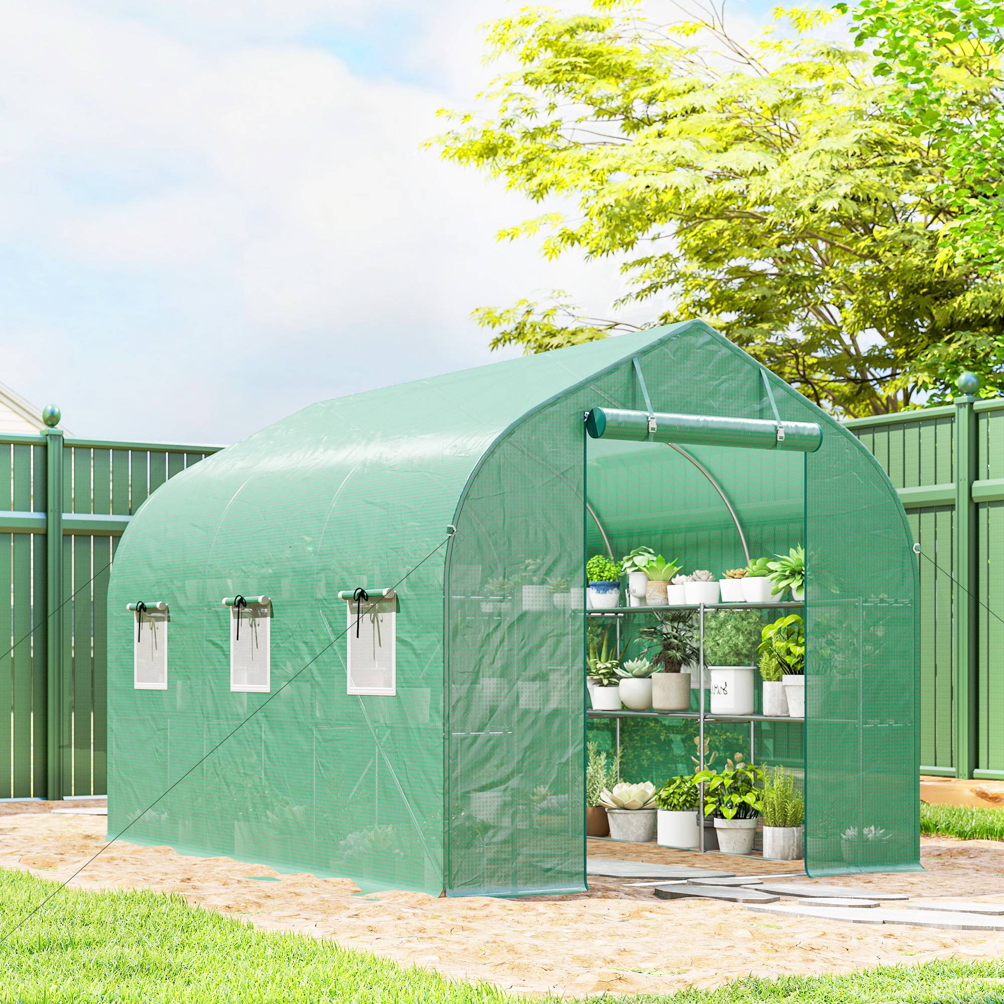 Serre tunnel de jardin 6m², serre de jardin avec étagères, porte et 6 fenêtres, cadre en acier galvanisé, vert - Image 4