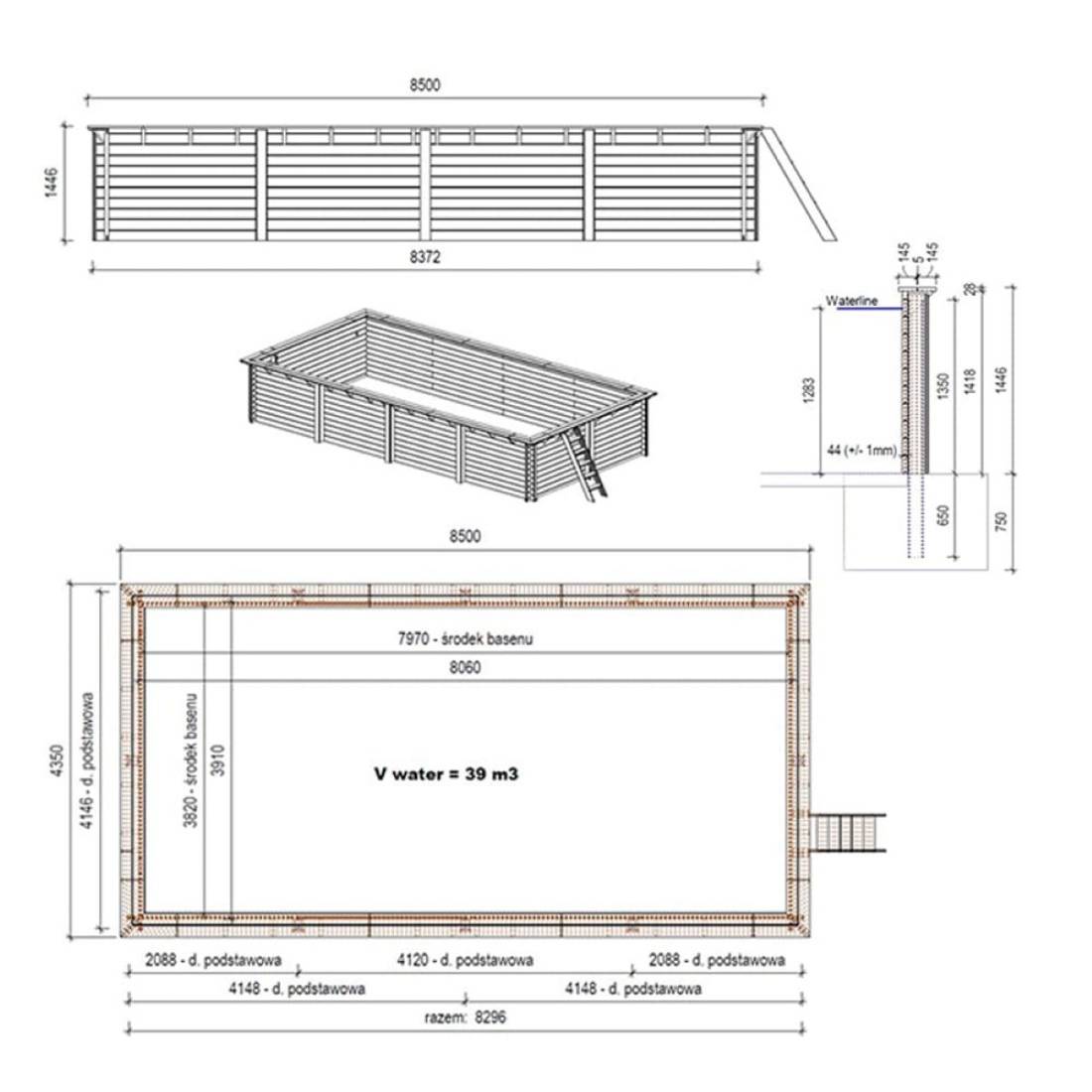 Altanka - Piscine hors sol en bois AQUA 8.5 x 4.35 - H.1.45 m, bleu pâle, fixations à sceller - BAS7309OSPI - ALTANKA - Imagen 4