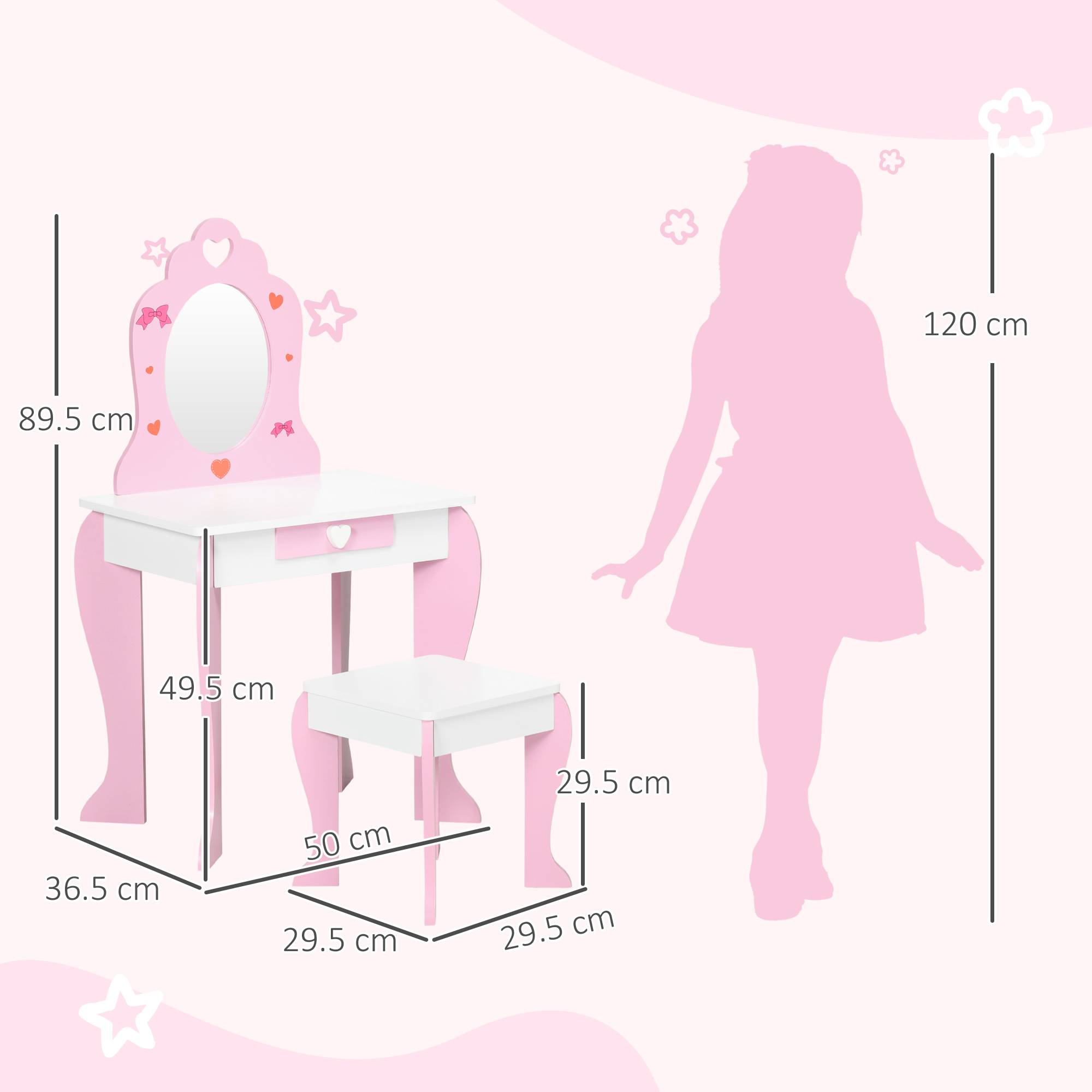 Sans Marque - Coiffeuse en MDF blanc et rose avec tabouret, miroir et tiroir pour enfants de 3 à 6 ans - Image 5