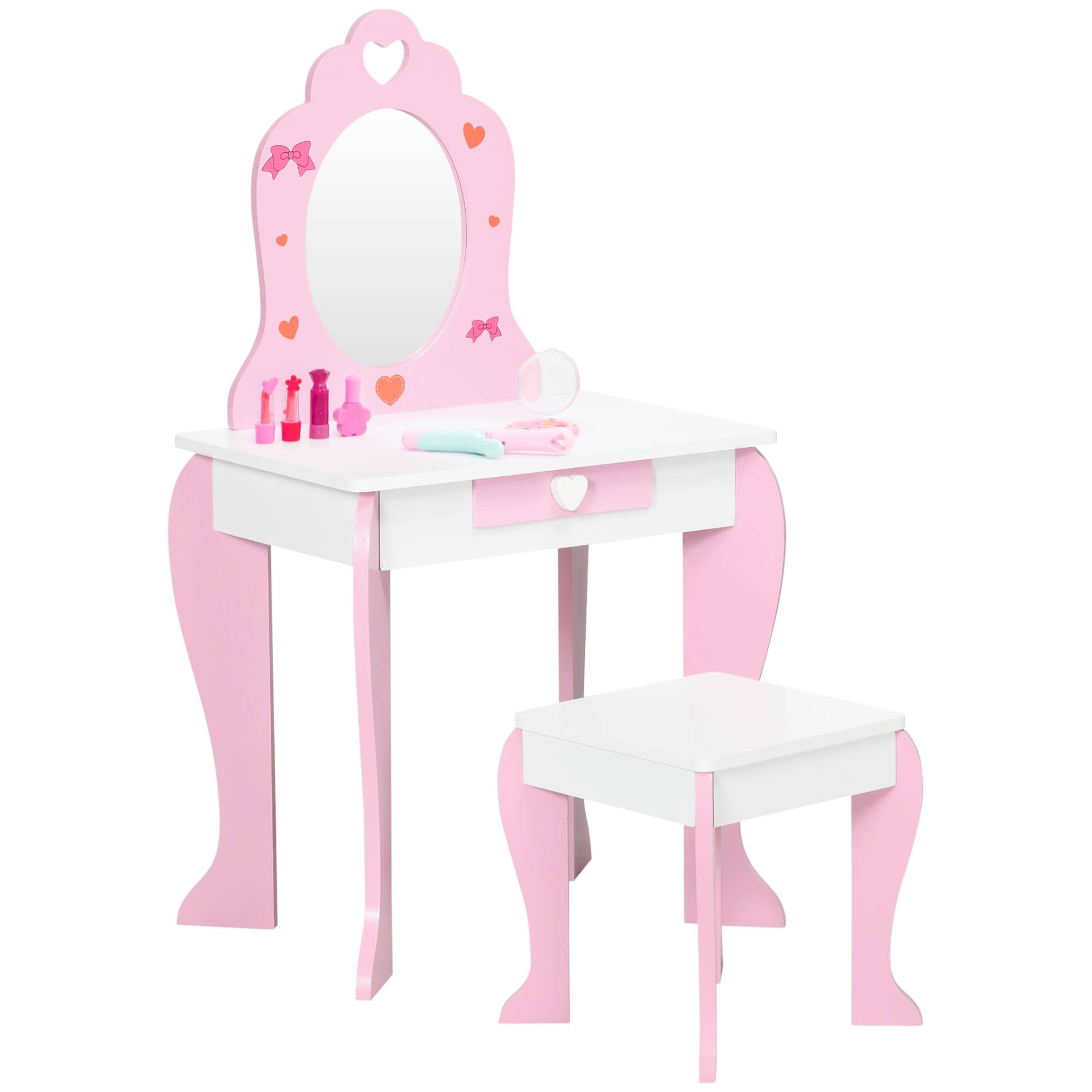 Sans Marque - Coiffeuse en MDF blanc et rose avec tabouret, miroir et tiroir pour enfants de 3 à 6 ans - Image 1