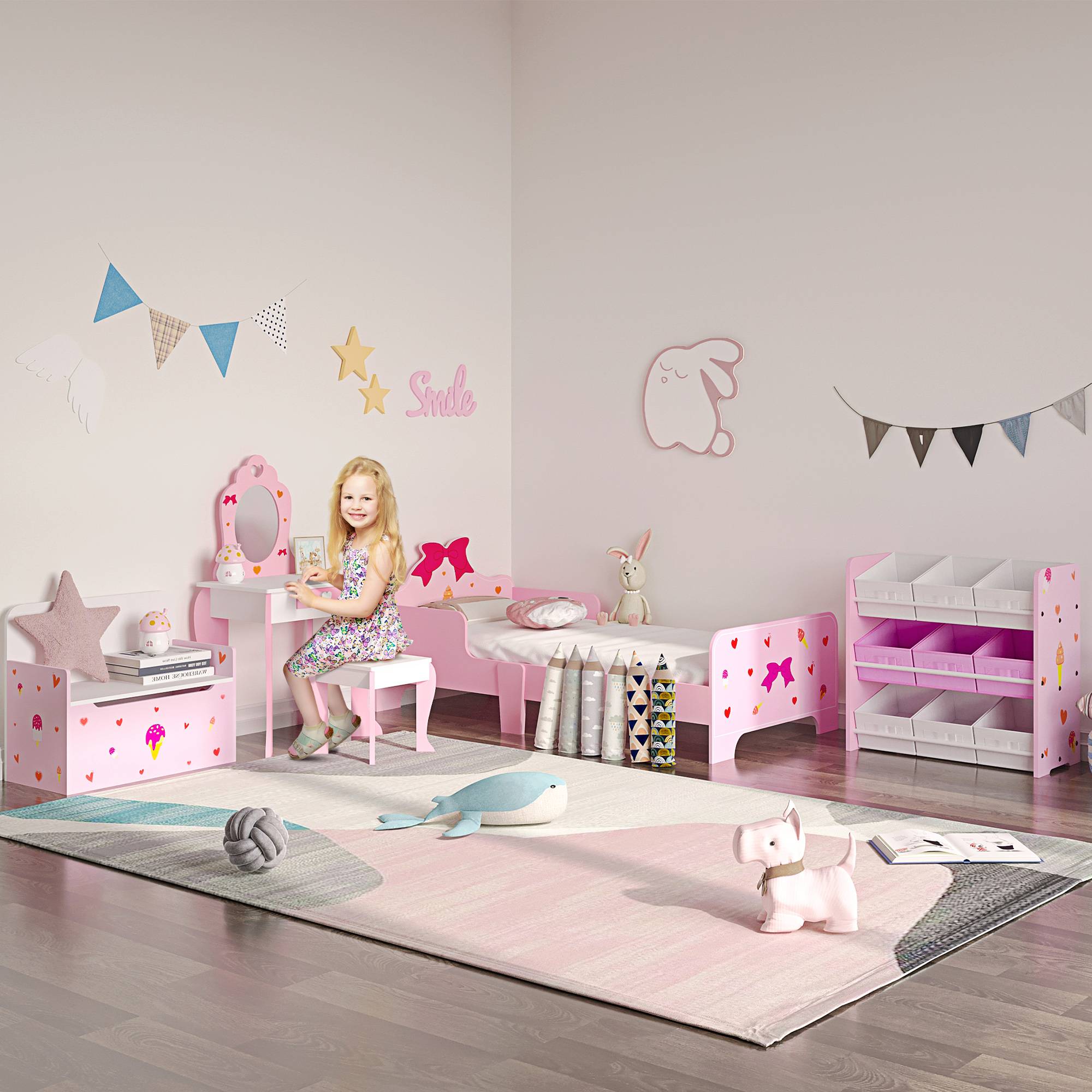 Sans Marque - Coiffeuse en MDF blanc et rose avec tabouret, miroir et tiroir pour enfants de 3 à 6 ans - Image 3