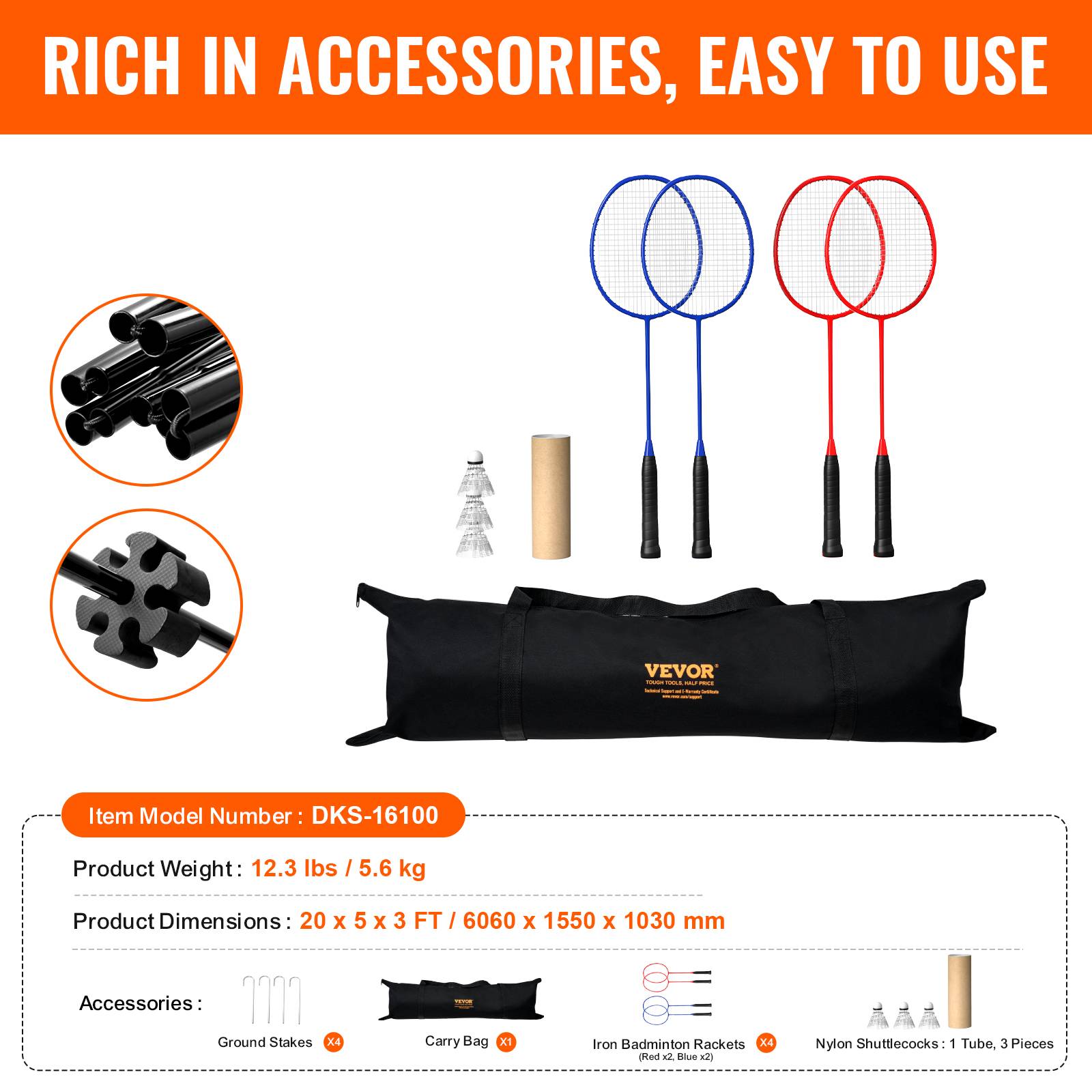 Vevor - VEVOR Filet multisports portable 6,06 m pour badminton, tennis et volley, hauteur réglable, accessoires inclus. - Image 6