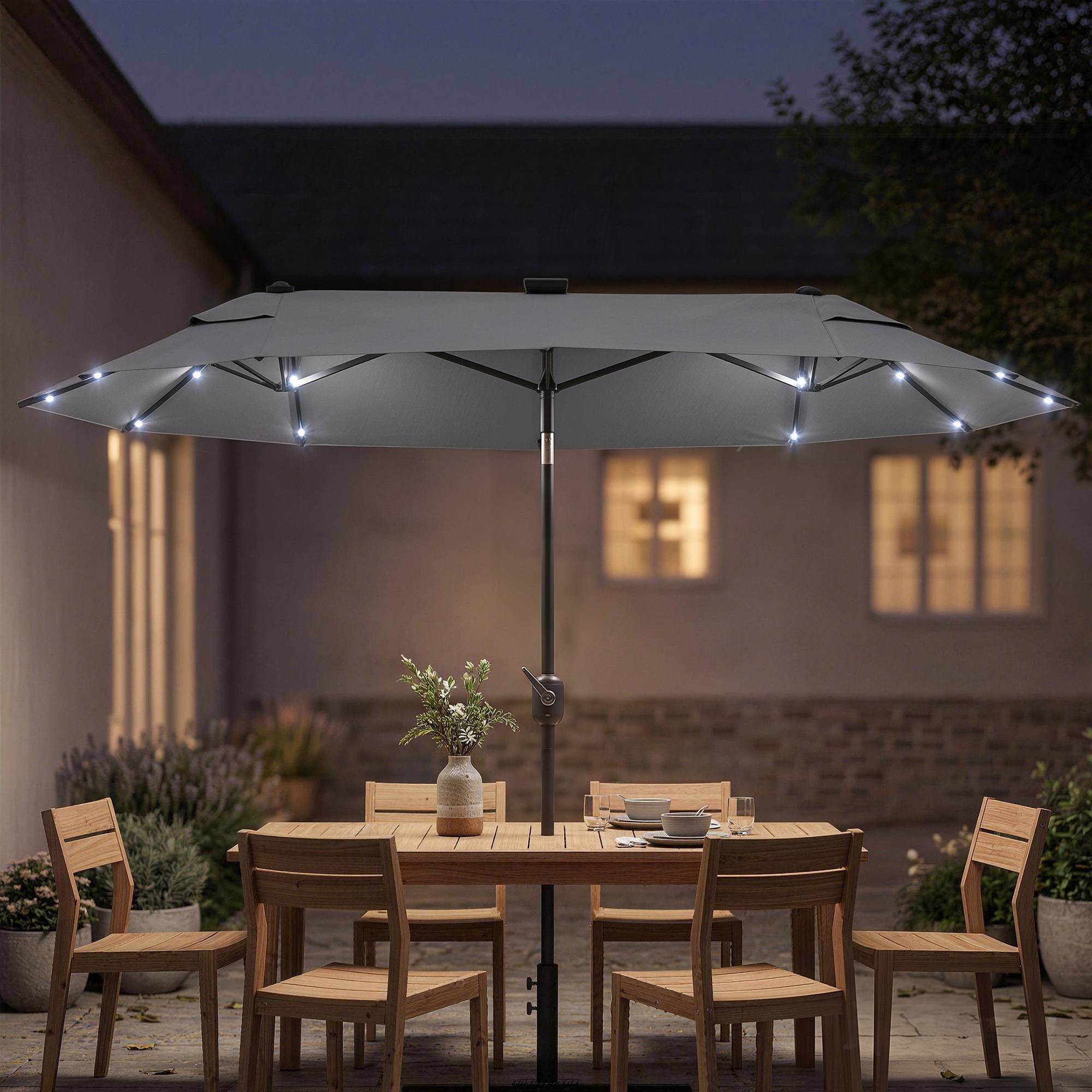 Parasol double avec base en croix et lumières solaires, 295x150x219 cm, gris - Image 4