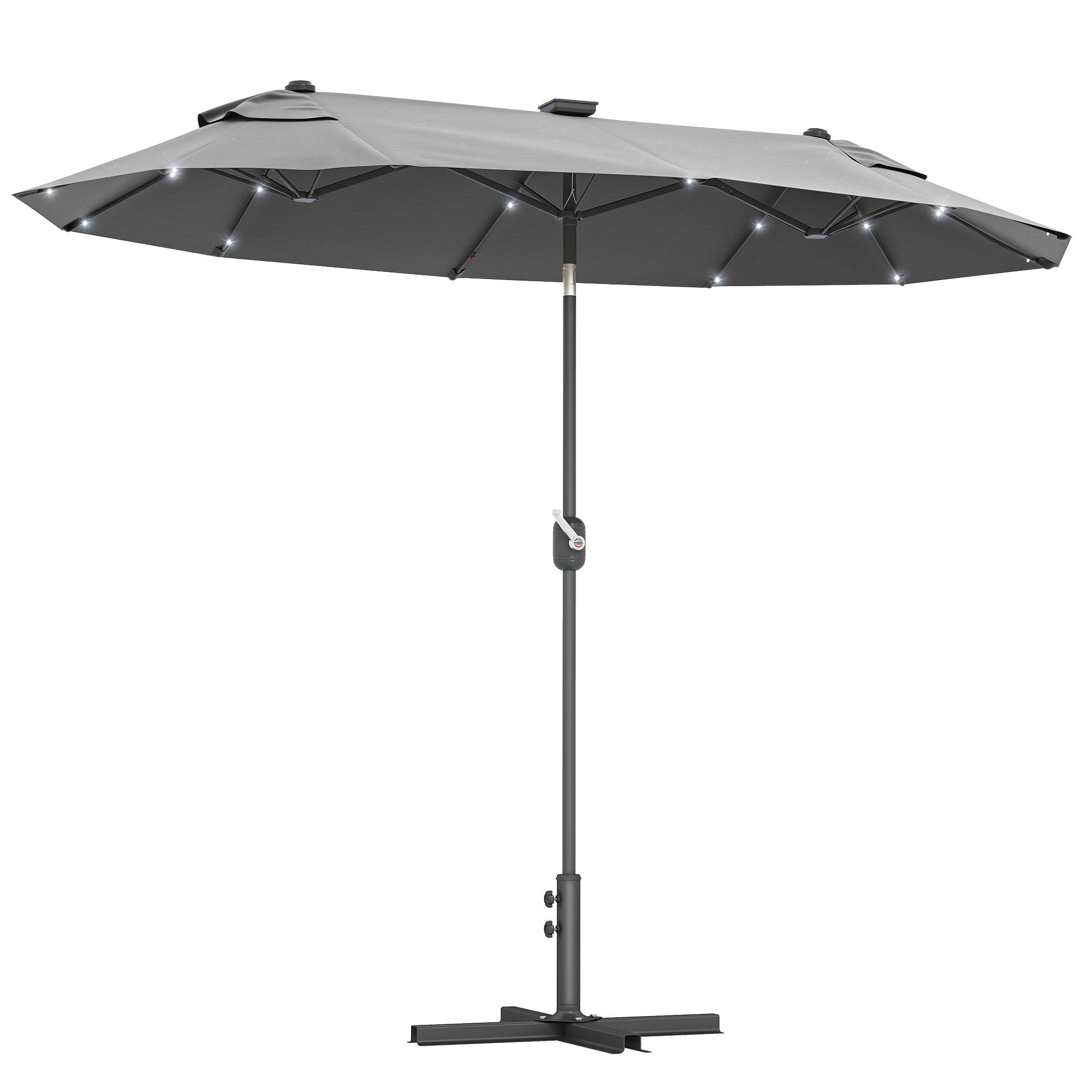 Parasol double avec base en croix et lumières solaires, 295x150x219 cm, gris - Image 1
