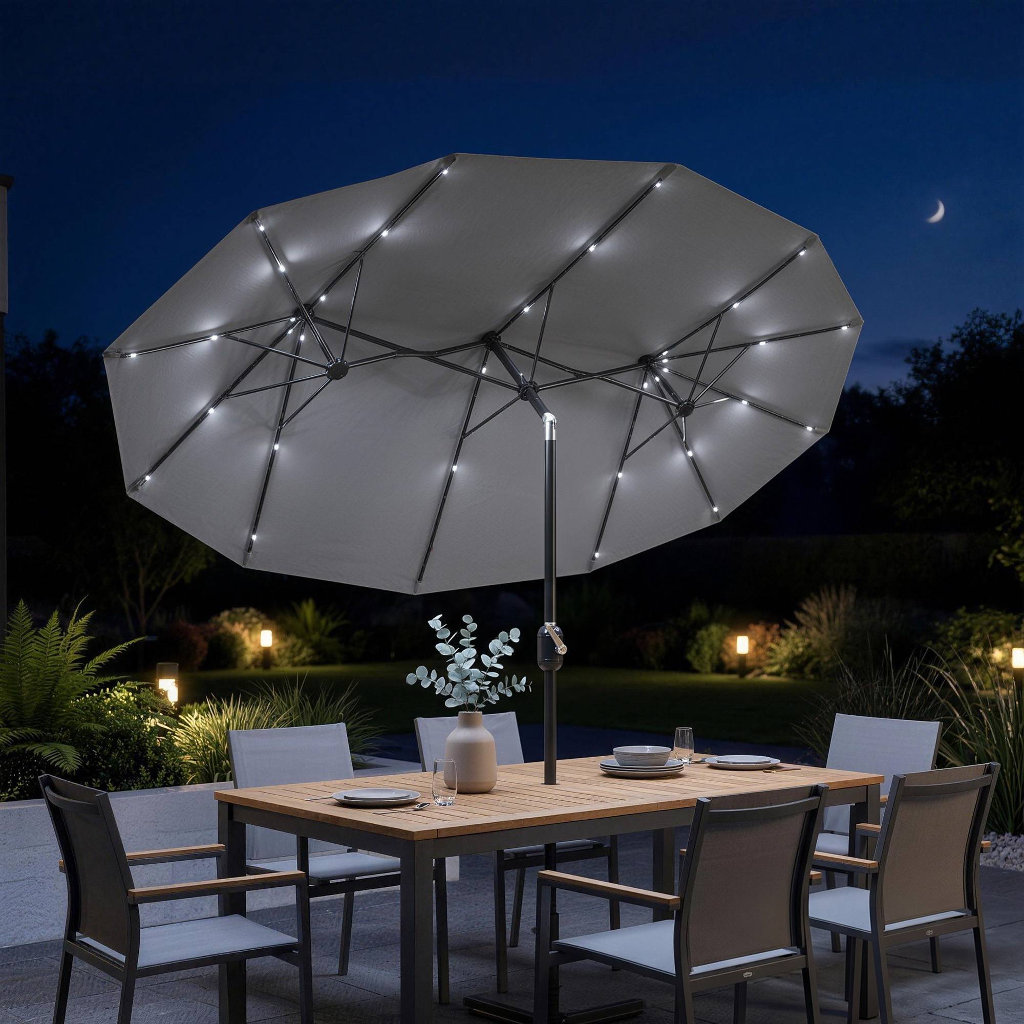 Parasol double avec base en croix et lumières solaires, 295x150x219 cm, gris - Image 3