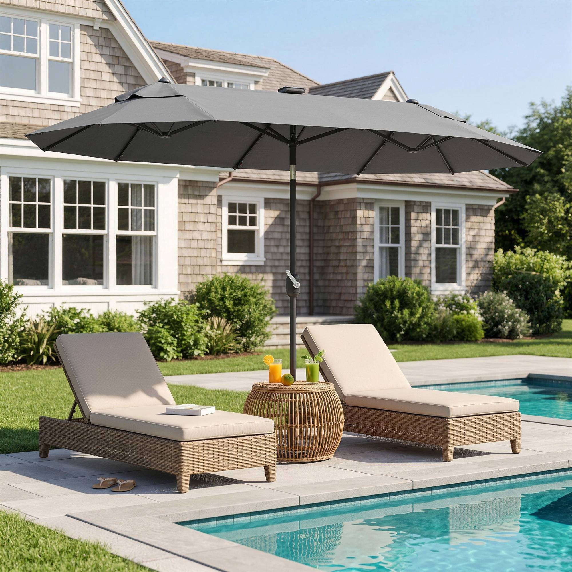 Parasol double avec base en croix et lumières solaires, 295x150x219 cm, gris - Image 10