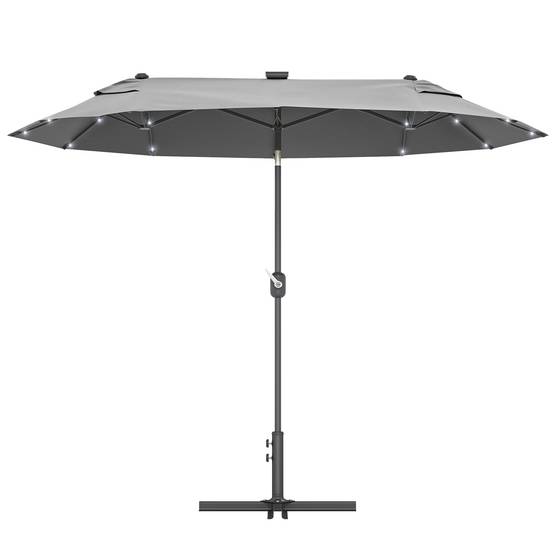 Parasol double avec base en croix et lumières solaires, 295x150x219 cm, gris - Image 2