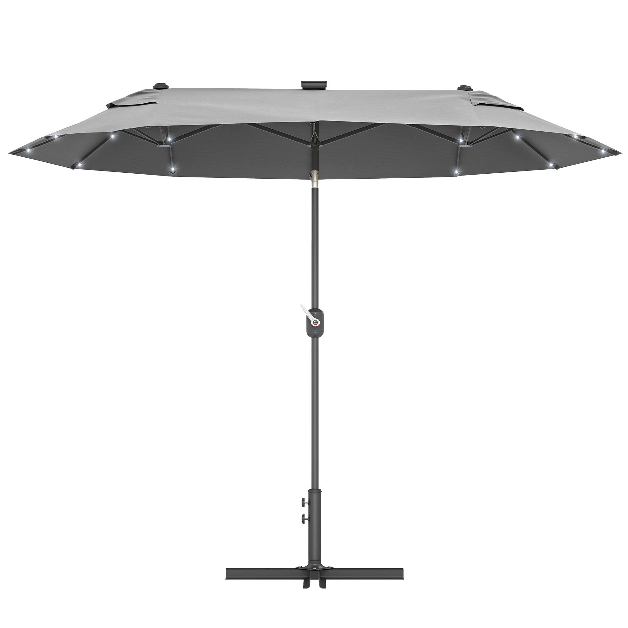 Parasol double avec base en croix et lumières solaires, 295x150x219 cm, gris - Image 2
