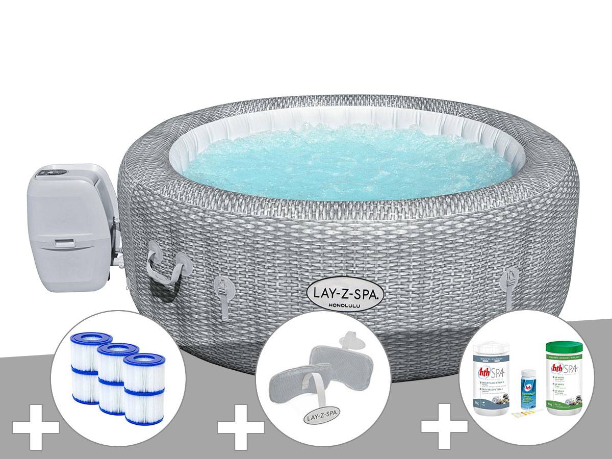 Bestway - Kit spa gonflable Bestway Lay-Z-Spa Honolulu rond Airjet 4/6 places + 6 filtres + Kit traitement brome + 2 appuie-têtes