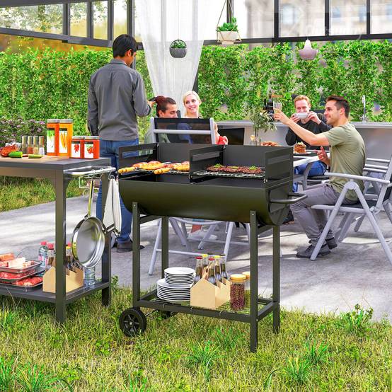 Sans Marque - Barbecue charbon grille réglable extérieur portable support rangement roulettes 90x45x96 noir,Sans Marque - Image 3