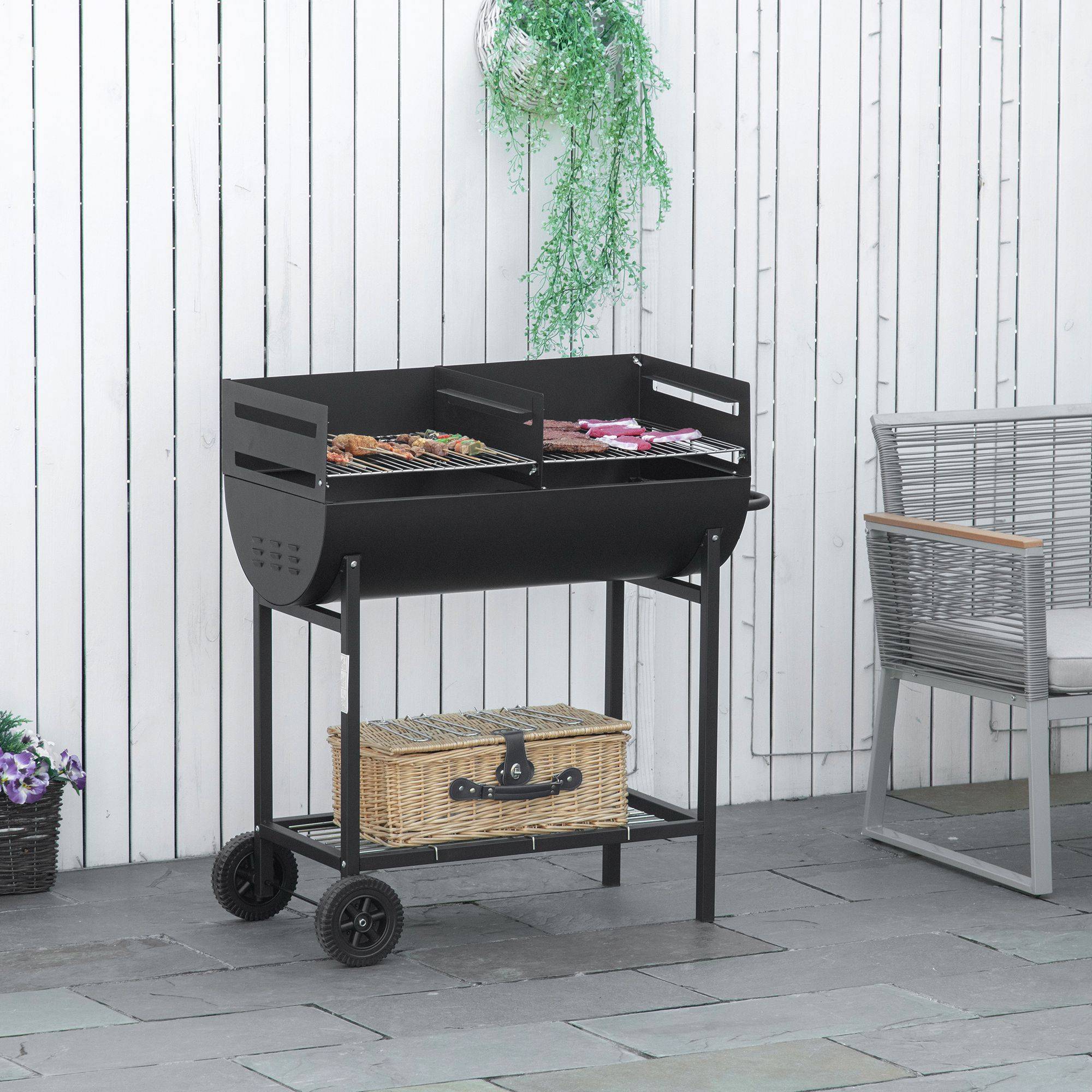 Sans Marque - Barbecue charbon grille réglable extérieur portable support rangement roulettes 90x45x96 noir,Sans Marque - Image 4