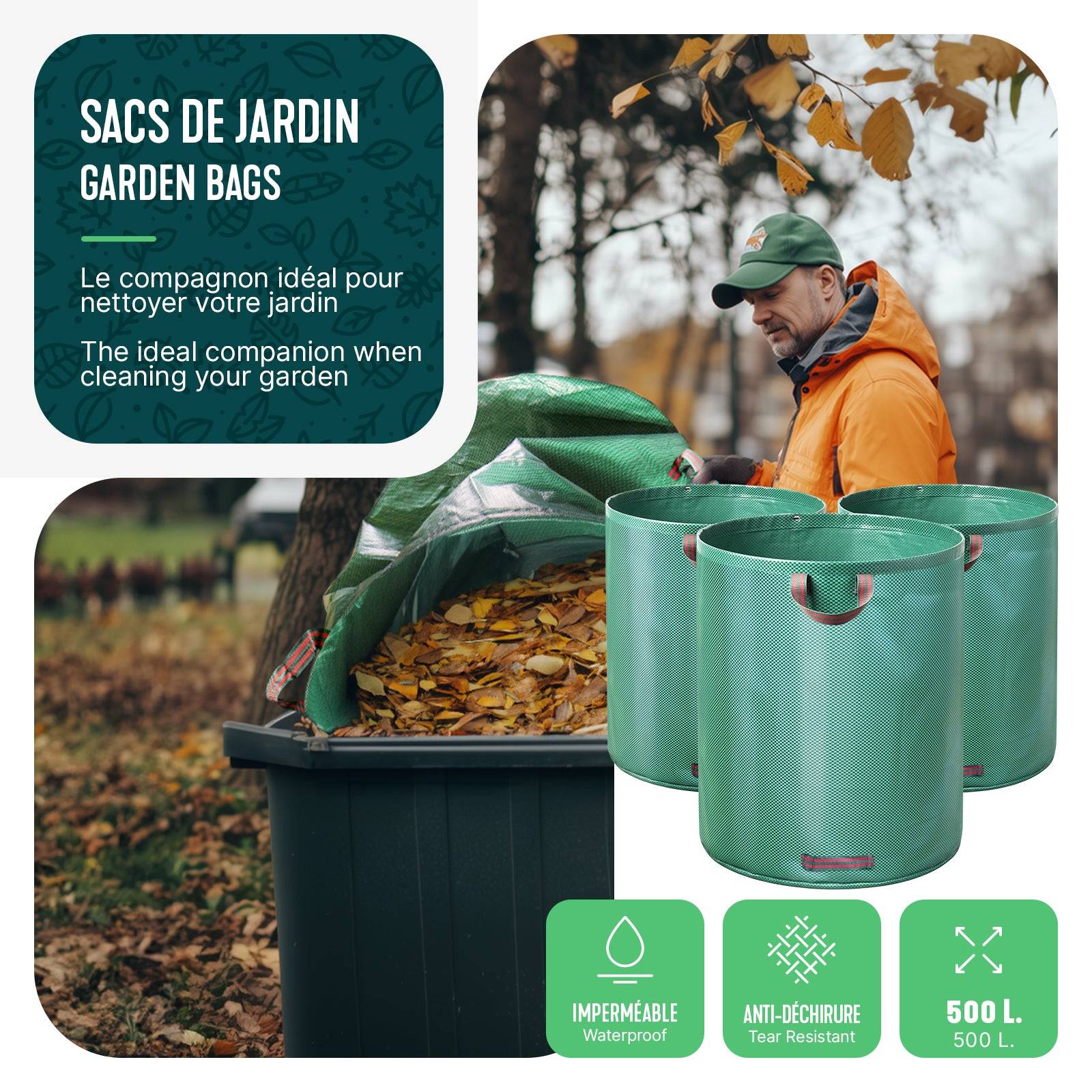 Vounot - Sac de jardin 500L Lot de 3 sacs Extra Large - Image 7