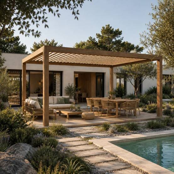 Pergola Bioclimatique Autoportante Motorisée Éclairée Aluminium 5x3,5 Aspect Bois SV ORIAL France - Image 1