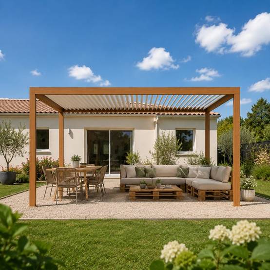 Pergola Bioclimatique Autoportante Motorisée Éclairée Aluminium 5x3,5 Aspect Bois SV ORIAL France - Image 6