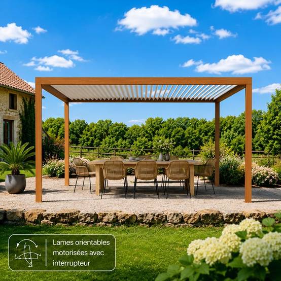 Pergola Bioclimatique Autoportante Motorisée Éclairée Aluminium 5x3,5 Aspect Bois SV ORIAL France - Image 4