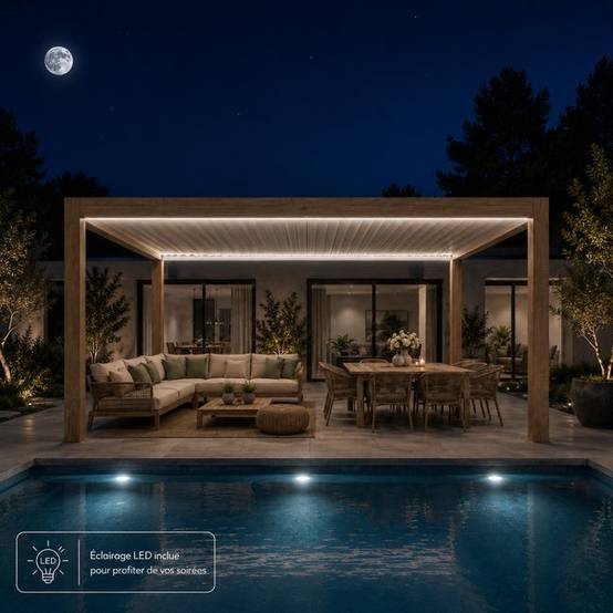 Pergola Bioclimatique Autoportante Motorisée Éclairée Aluminium 5x3,5 Aspect Bois SV ORIAL France - Image 3