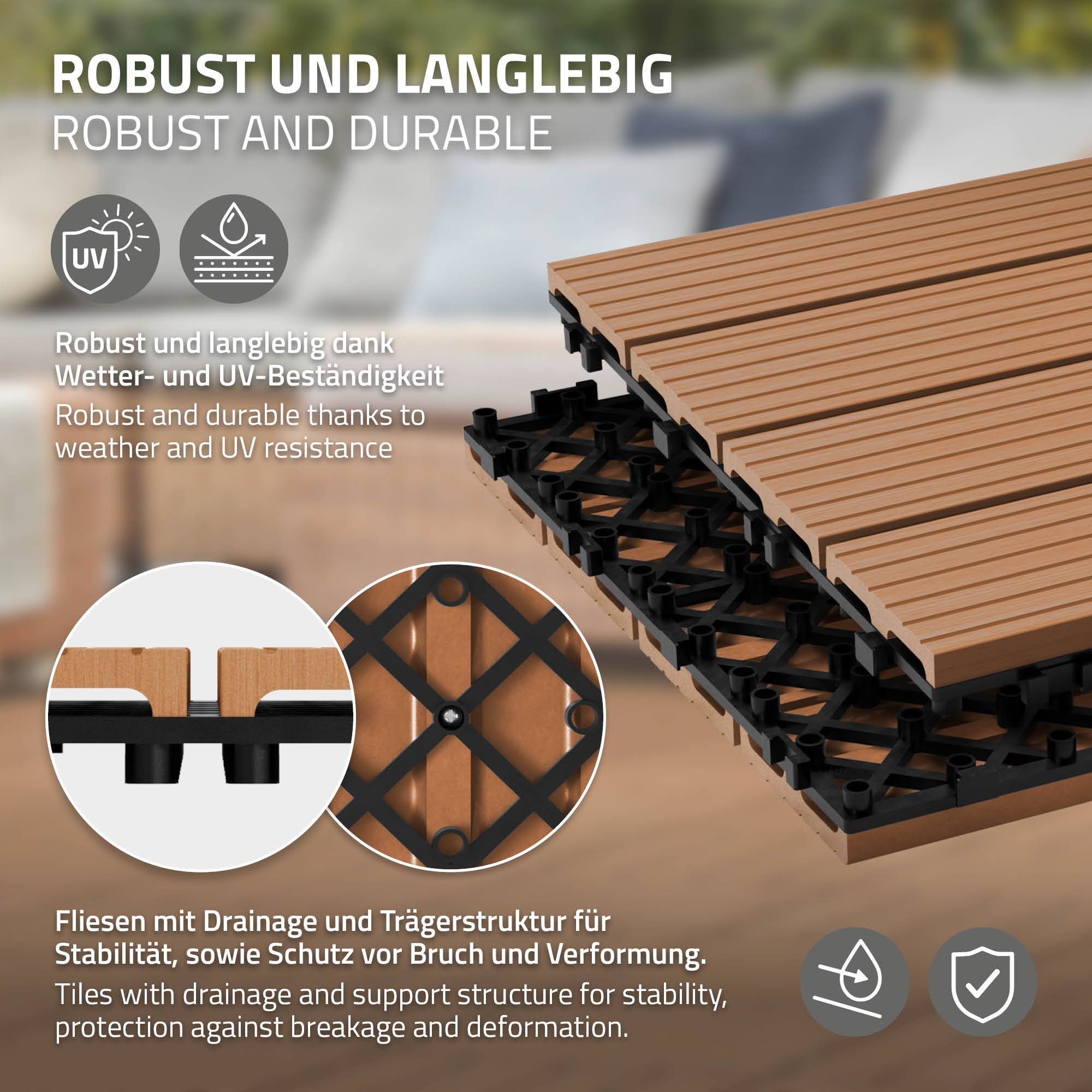 Ecd-Germany - Carreaux terrasse dalles 30x30cm 2m² aspect bois marron clair - Imagen 3