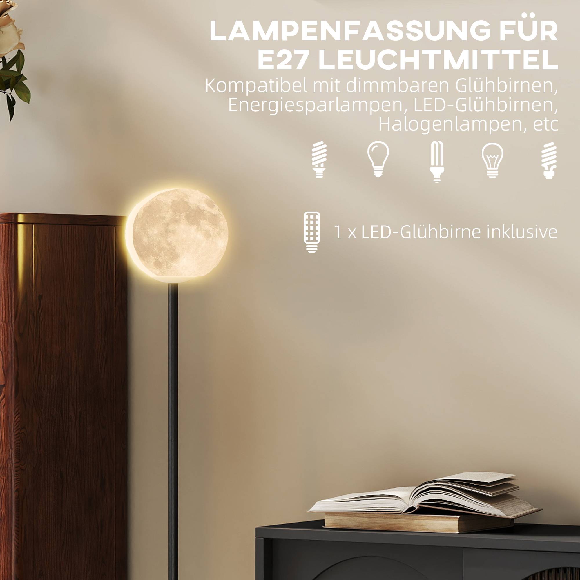 Lampadaire avec abat-jour en forme de lune, interrupteur au pied, 3 températures de couleur, métal, noir - Image 8