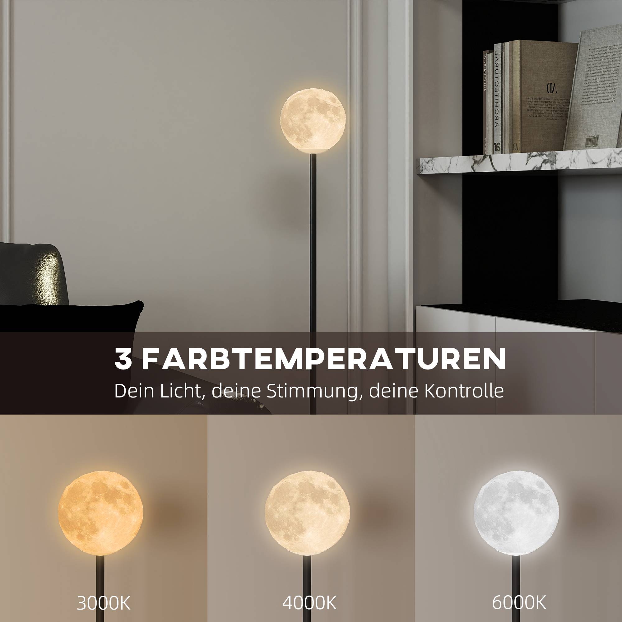 Lampadaire avec abat-jour en forme de lune, interrupteur au pied, 3 températures de couleur, métal, noir - Image 7