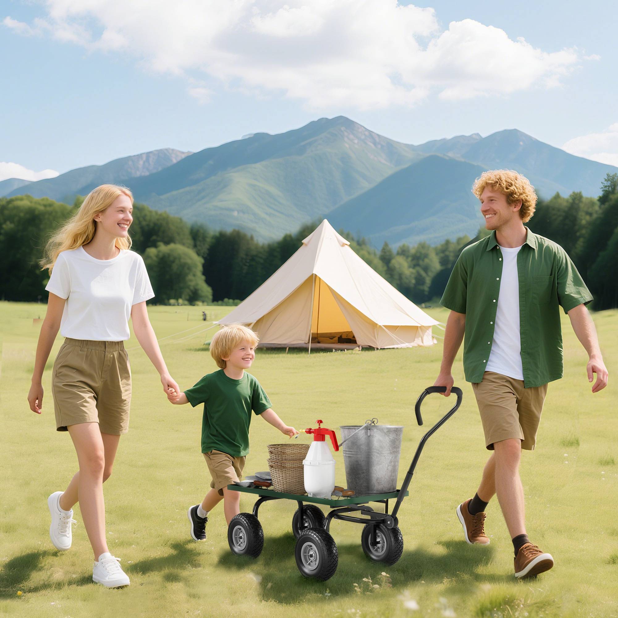 Chariot de transport acier robuste pour jardin extérieur charge 150kg 94x48cm vert - ComfortXL Outdoor Living - Image 3