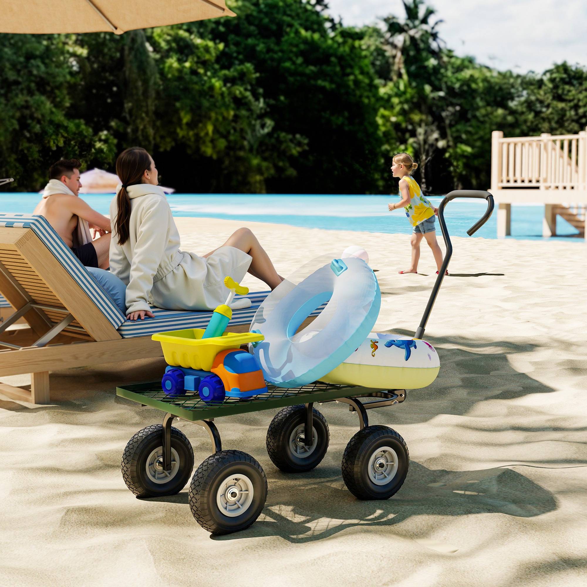Chariot de transport acier robuste pour jardin extérieur charge 150kg 94x48cm vert - ComfortXL Outdoor Living - Image 4