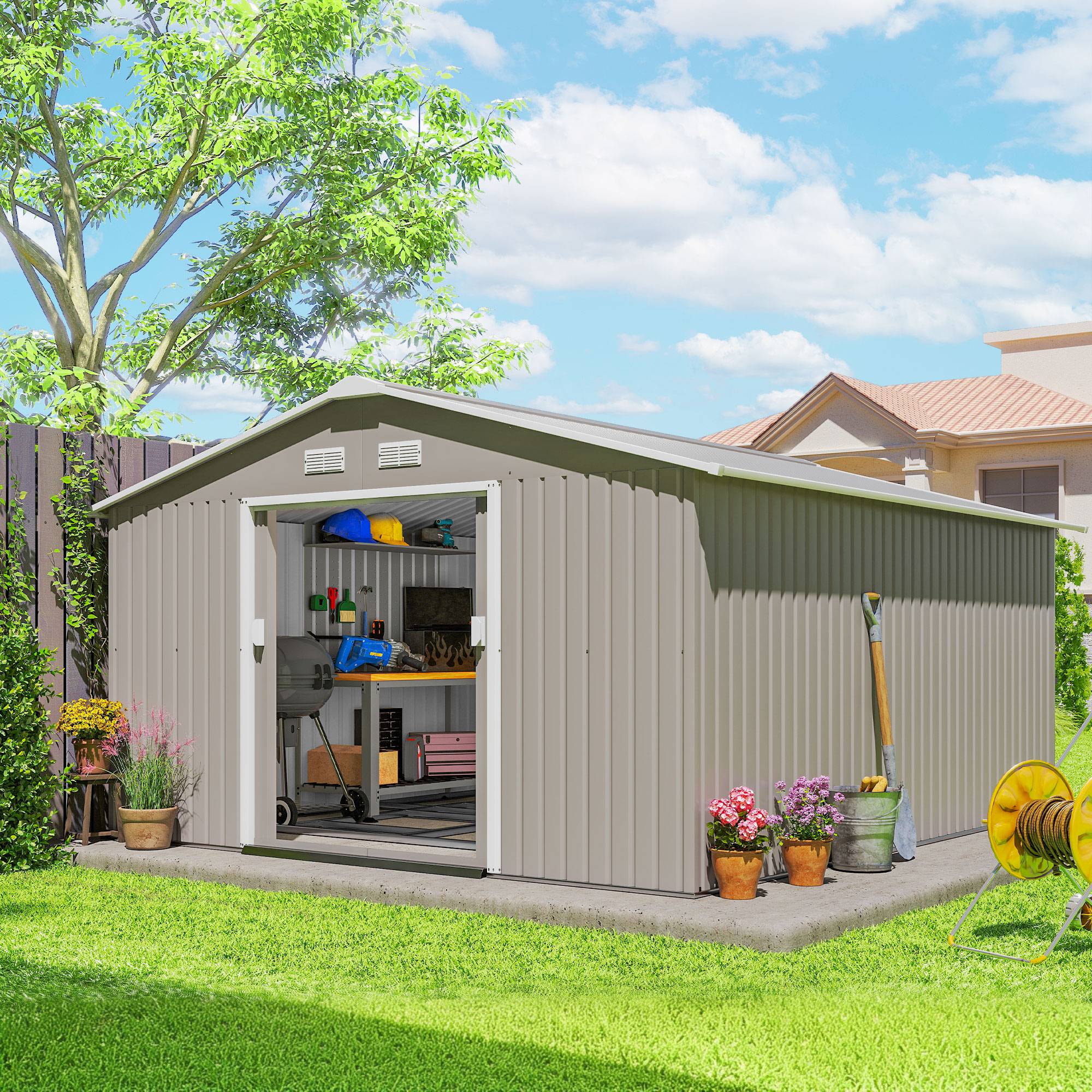 Abri de jardin avec portes coulissantes et toit incliné, acier, 340 x 386 x 200 cm, gris - Image 4