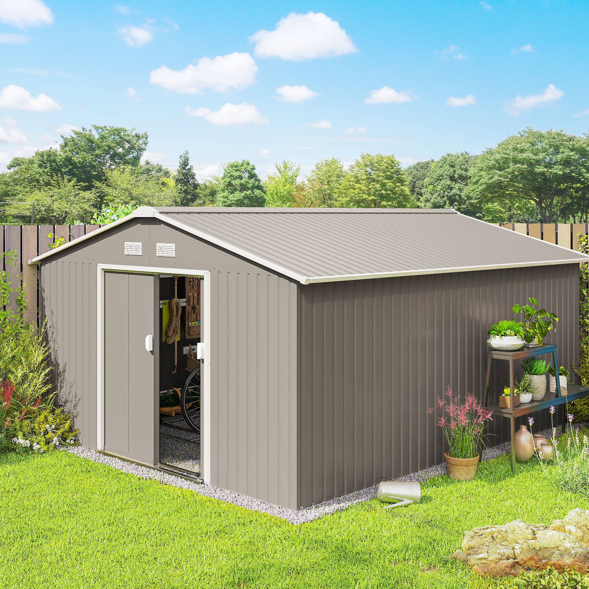 Abri de jardin avec portes coulissantes et toit incliné, acier, 340 x 386 x 200 cm, gris - Image 3