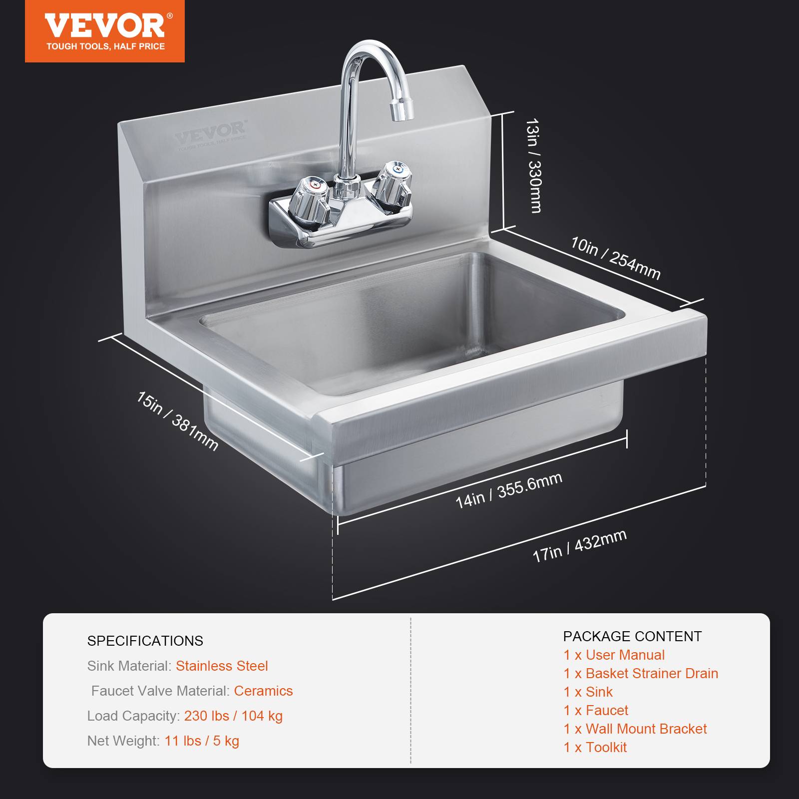 VEVOR Lave-mains mural/encastré 432x381x330 mm, inox, robinet, dosseret. Pour restaurant, salle de bain. - Image 7