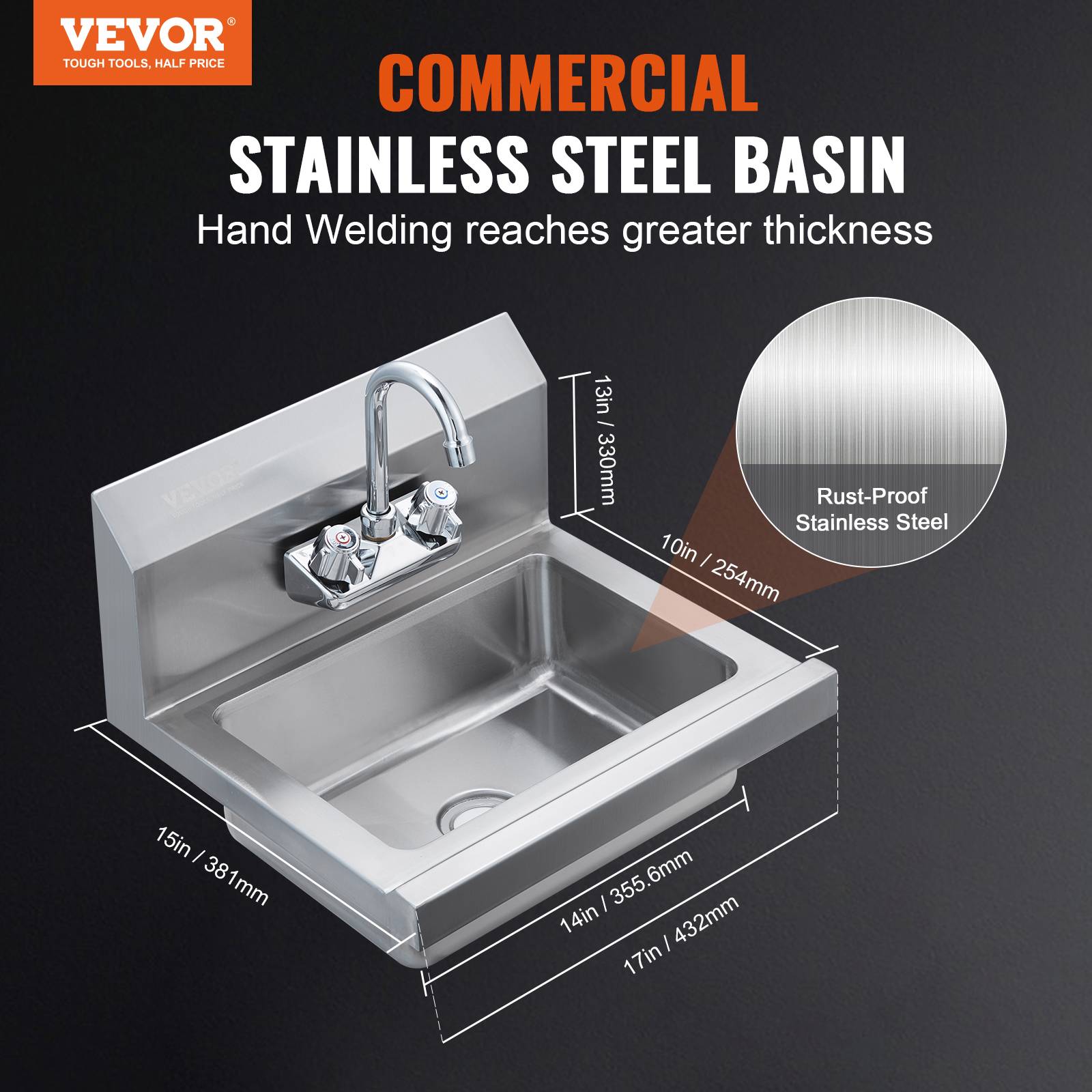 VEVOR Lave-mains mural/encastré 432x381x330 mm, inox, robinet, dosseret. Pour restaurant, salle de bain. - Image 2