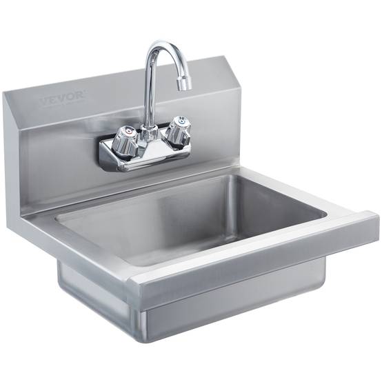 VEVOR Lave-mains mural/encastré 432x381x330 mm, inox, robinet, dosseret. Pour restaurant, salle de bain. - Image 1