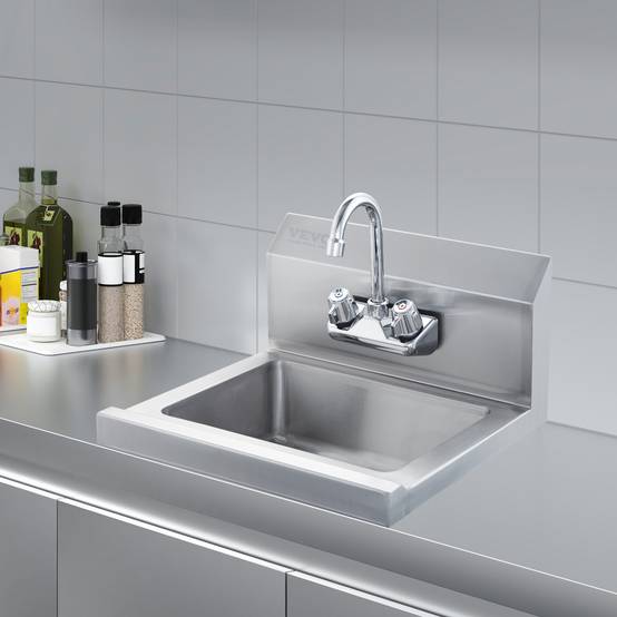 VEVOR Lave-mains mural/encastré 432x381x330 mm, inox, robinet, dosseret. Pour restaurant, salle de bain. - Image 8