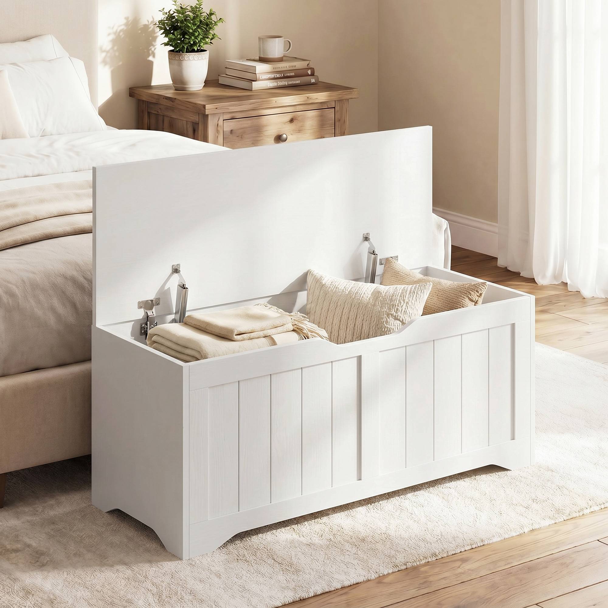 Sans Marque - Coffre de Rangement 136 L, Banc Coffre avec 2 Charnières de Sécurité et Design Sans Poignée, 100 x 40 x 45 cm, Blanc - Image 3