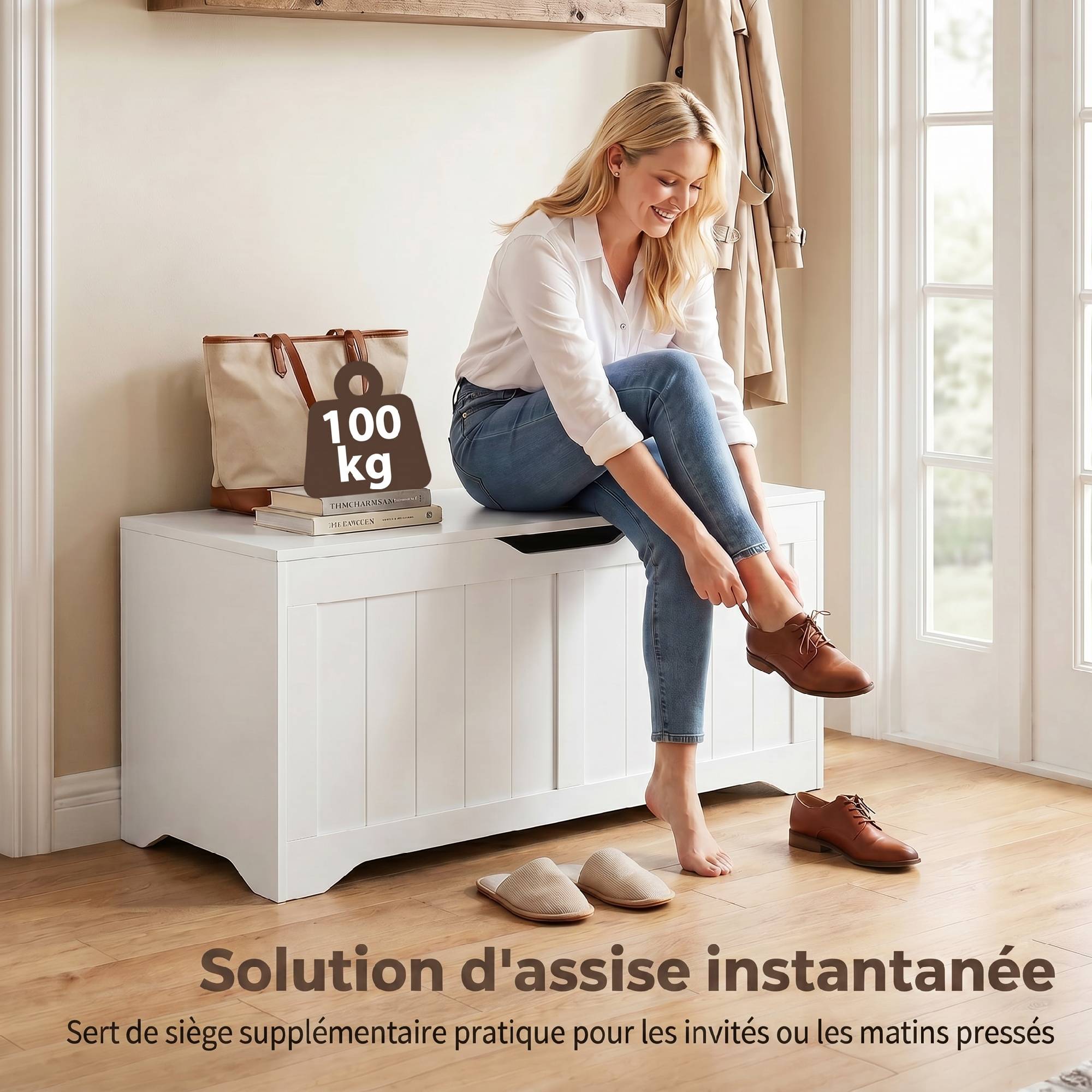 Sans Marque - Coffre de Rangement 136 L, Banc Coffre avec 2 Charnières de Sécurité et Design Sans Poignée, 100 x 40 x 45 cm, Blanc - Image 8