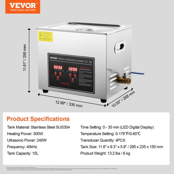 Vevor - VEVOR Nettoyeur ultrasons 10L avec chauffage et minuterie, temps réglable 0-30 min, numérique LED. - Image 7