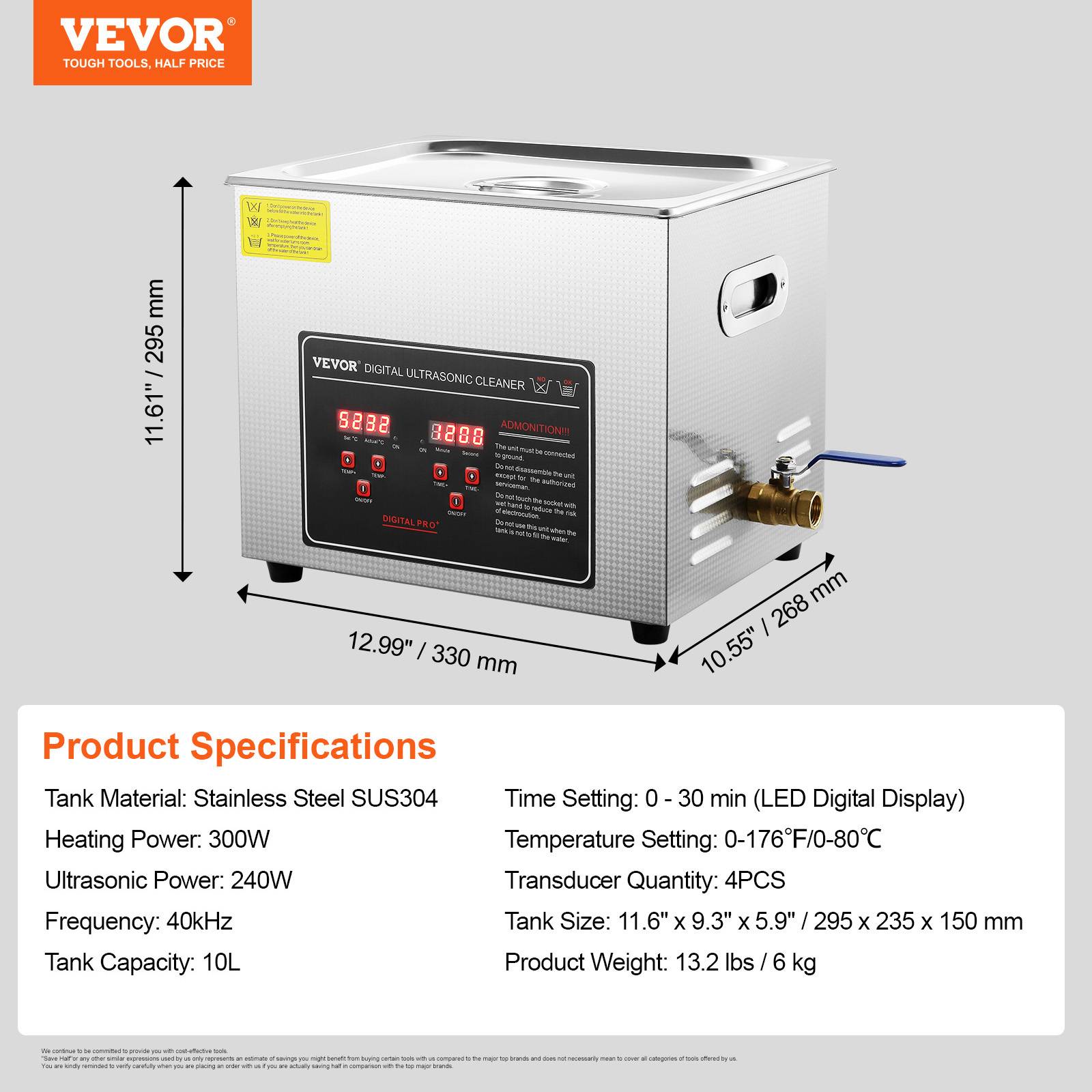 Vevor - VEVOR Nettoyeur ultrasons 10L avec chauffage et minuterie, temps réglable 0-30 min, numérique LED. - Image 7