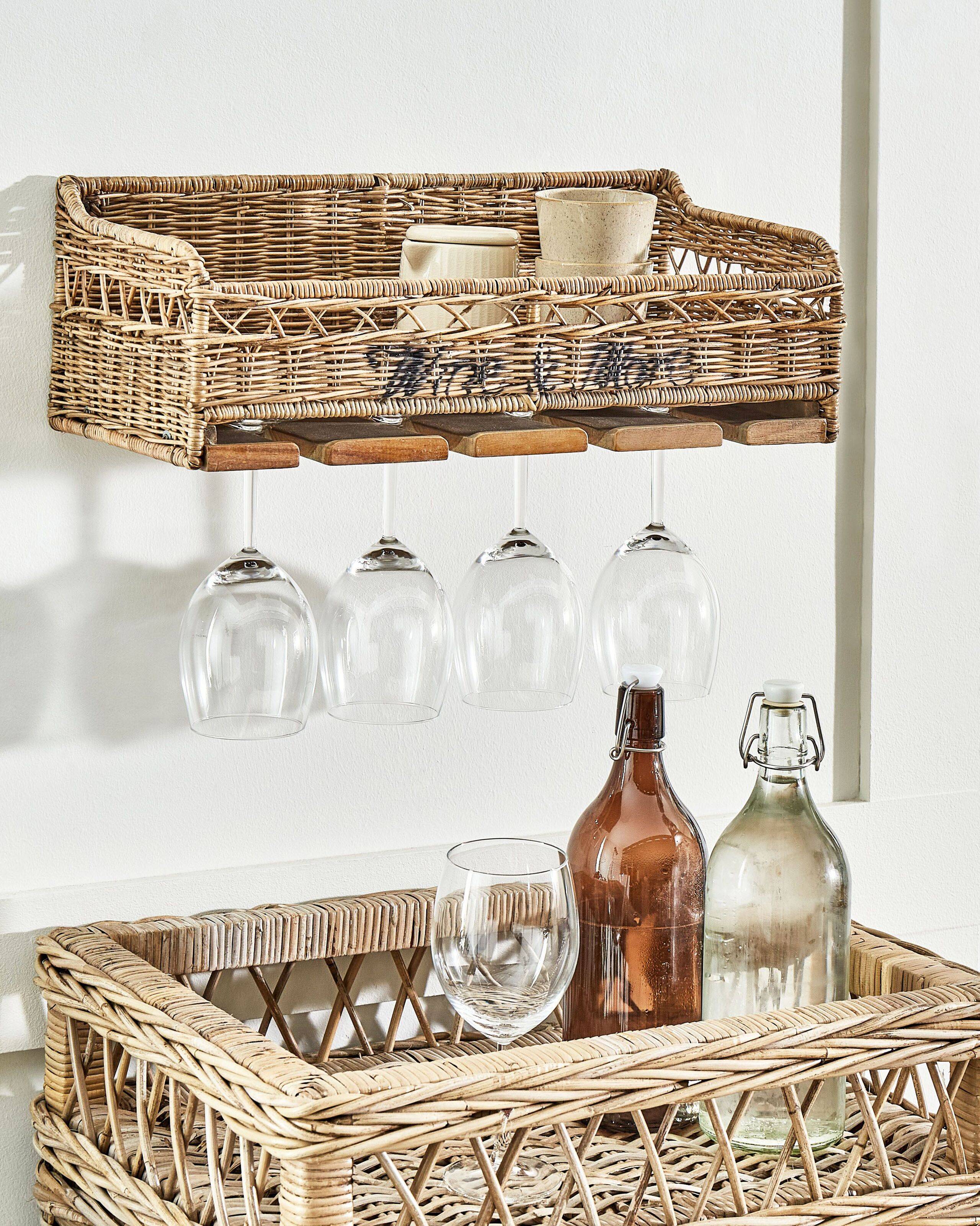 Beliani - 2 Etagères Murales avec Porte-Verres en Rotin Clair Métal et Bois d'Acajou Double Rangement Pratique Fait Main Support Verres à Vin - Imagen 2