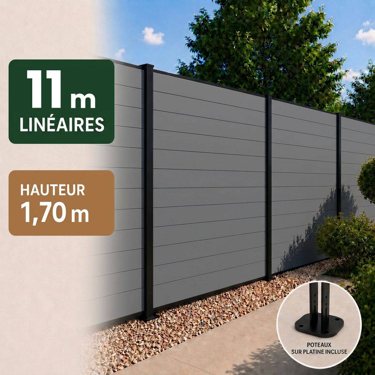 Direct Abris - Kit clôture RECIFE Bois Composite ardoise 10,87m poteau 60x70mm noir sur platines 1,7m - Image 1