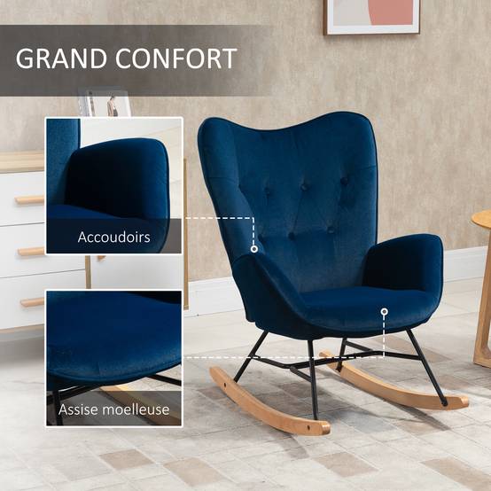 Sans Marque - Fauteuil à Bascule, Rocking Chair, fauteuil allaitement confortable avec Structure en bois massif et métal pour Salon, Chambre, Balcon, Velours Bleu - Image 8