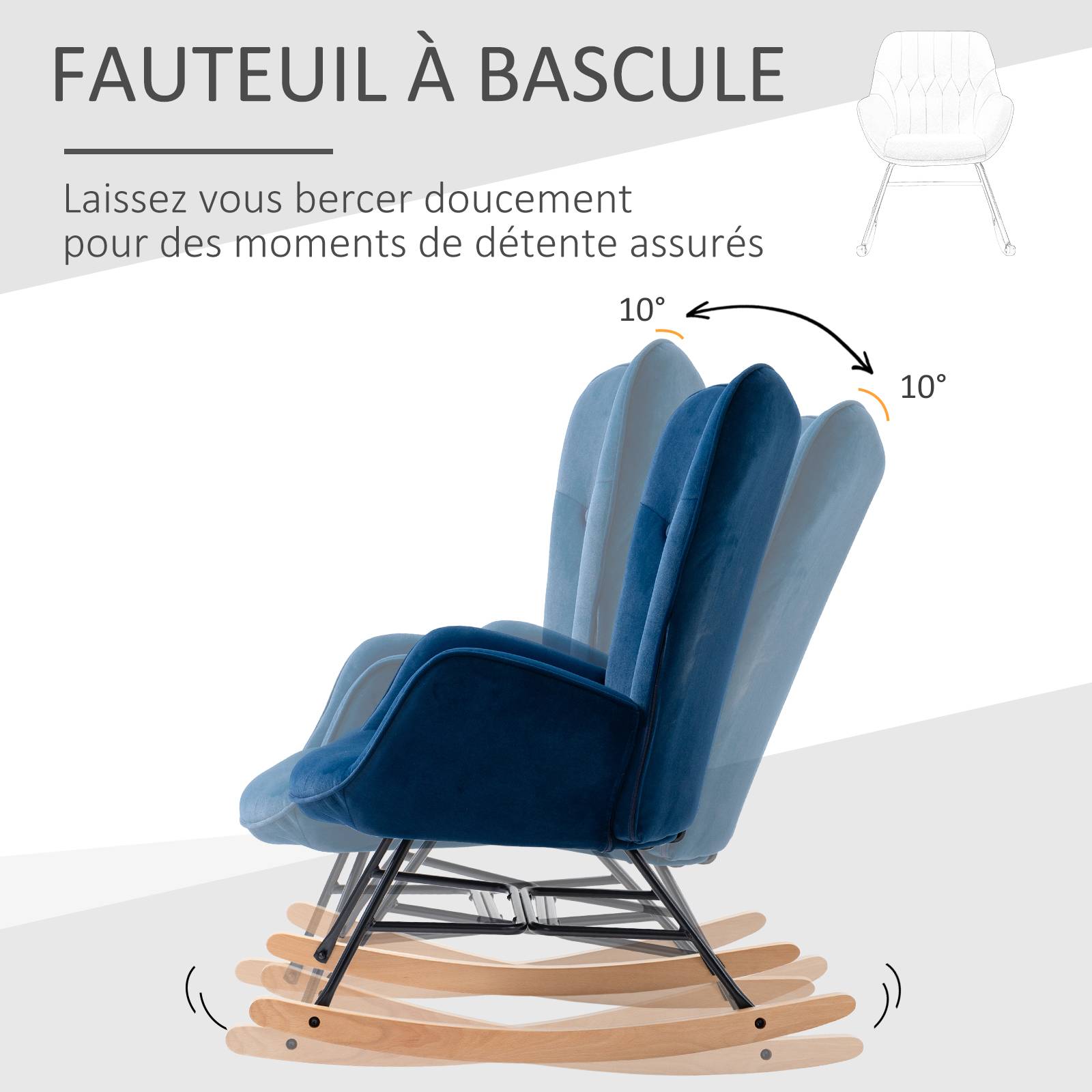 Sans Marque - Fauteuil à Bascule, Rocking Chair, fauteuil allaitement confortable avec Structure en bois massif et métal pour Salon, Chambre, Balcon, Velours Bleu - Image 7