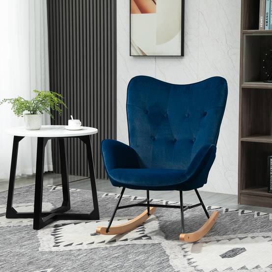 Sans Marque - Fauteuil à Bascule, Rocking Chair, fauteuil allaitement confortable avec Structure en bois massif et métal pour Salon, Chambre, Balcon, Velours Bleu - Image 4