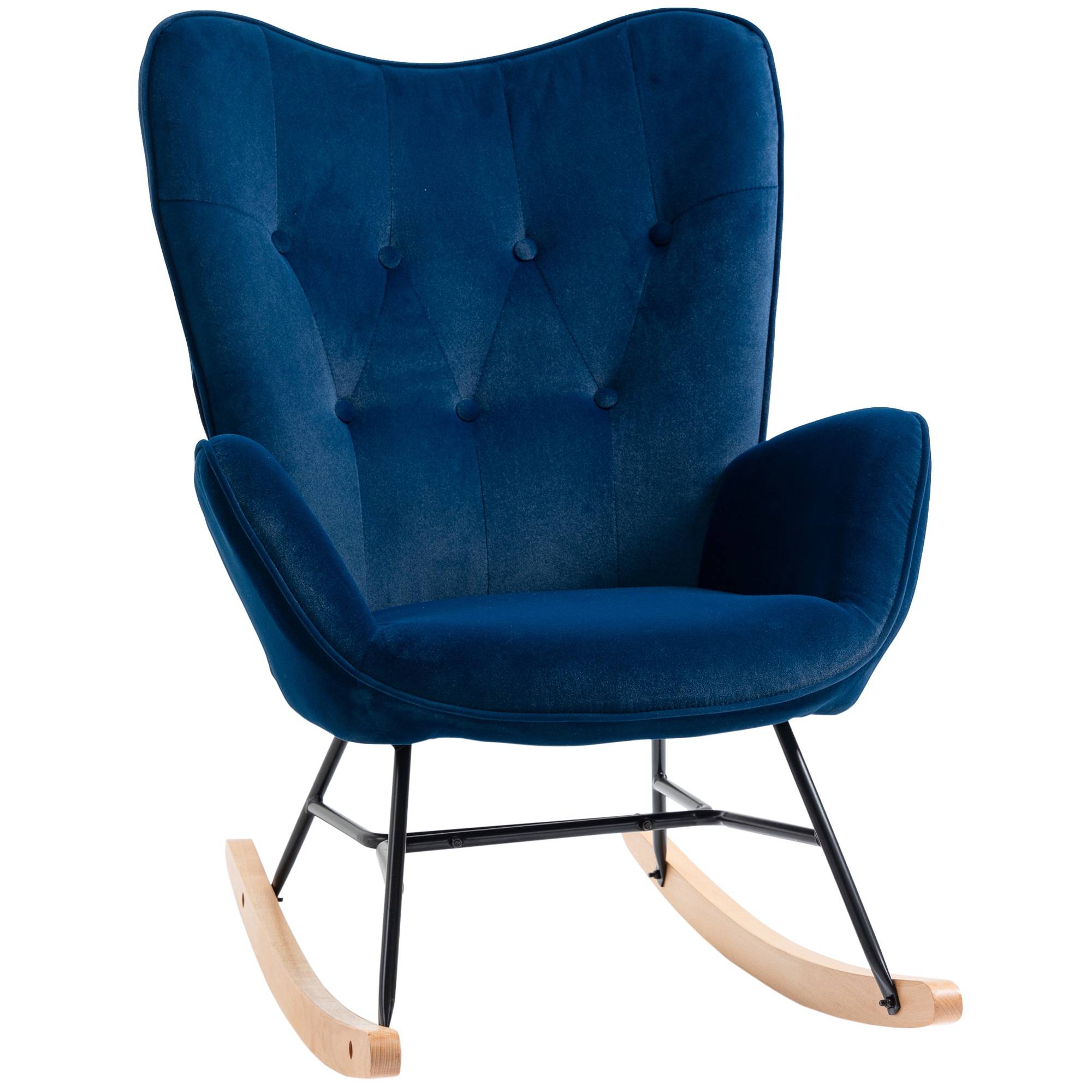 Sans Marque - Fauteuil à Bascule, Rocking Chair, fauteuil allaitement confortable avec Structure en bois massif et métal pour Salon, Chambre, Balcon, Velours Bleu - Image 2