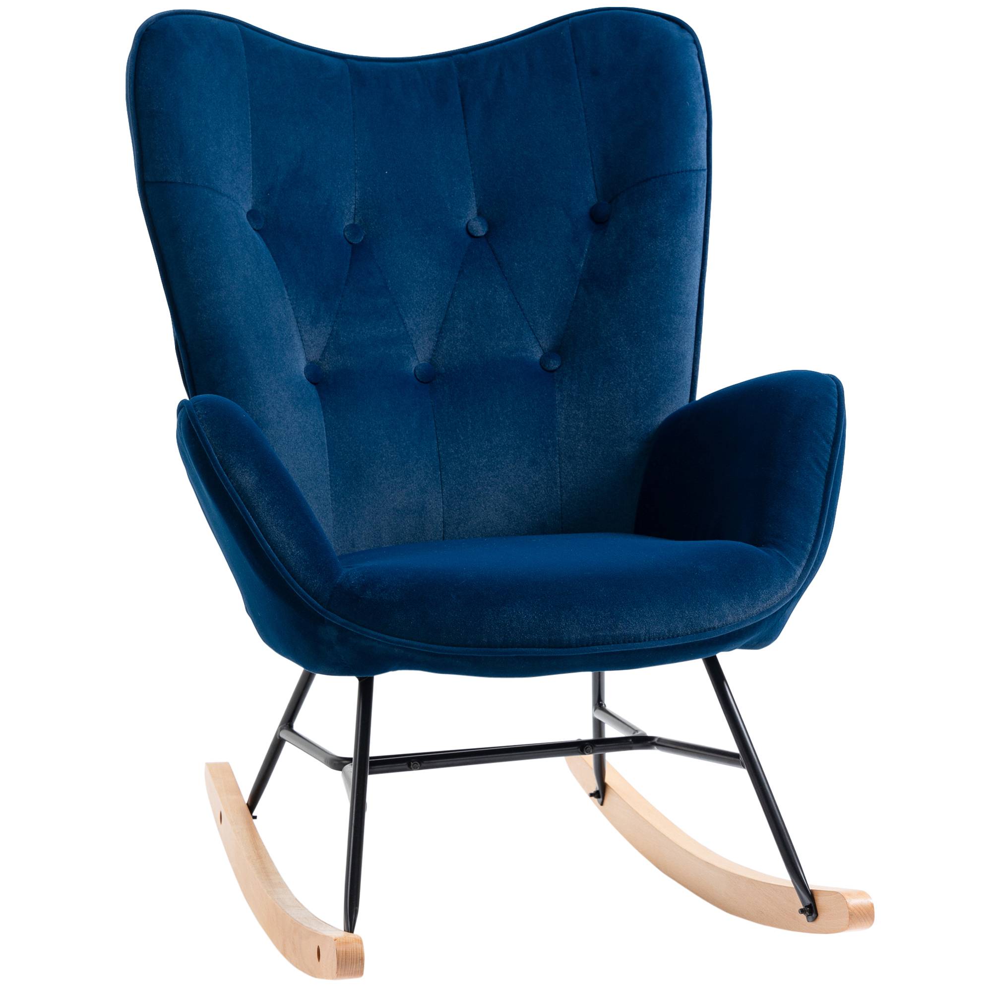 Sans Marque - Fauteuil à Bascule, Rocking Chair, fauteuil allaitement confortable avec Structure en bois massif et métal pour Salon, Chambre, Balcon, Velours Bleu - Image 1