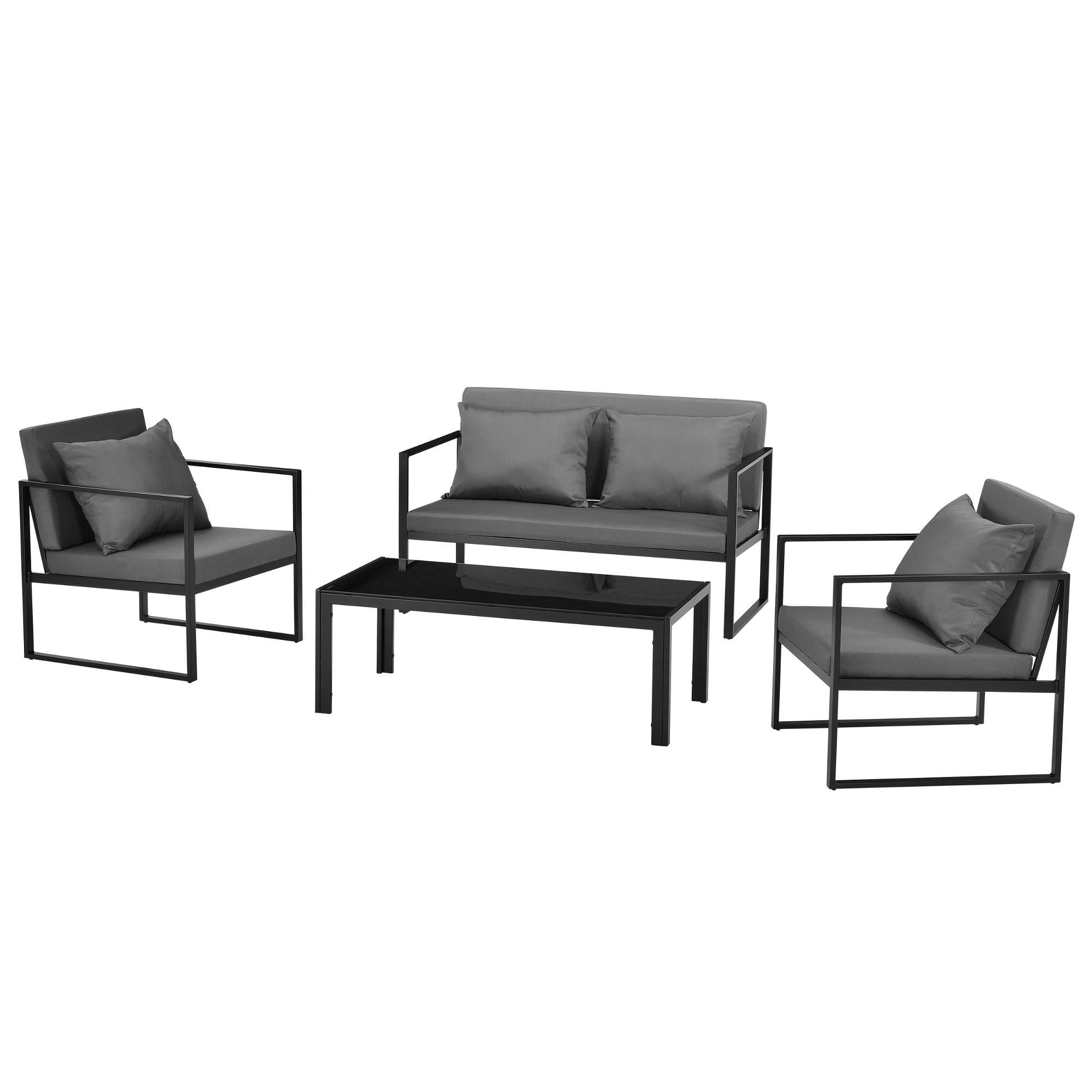 Helloshop26 - Salon de jardin ensemble de jardin table basse avec canapé et chaises extérieures métal verre polyester noir - Imagen 1