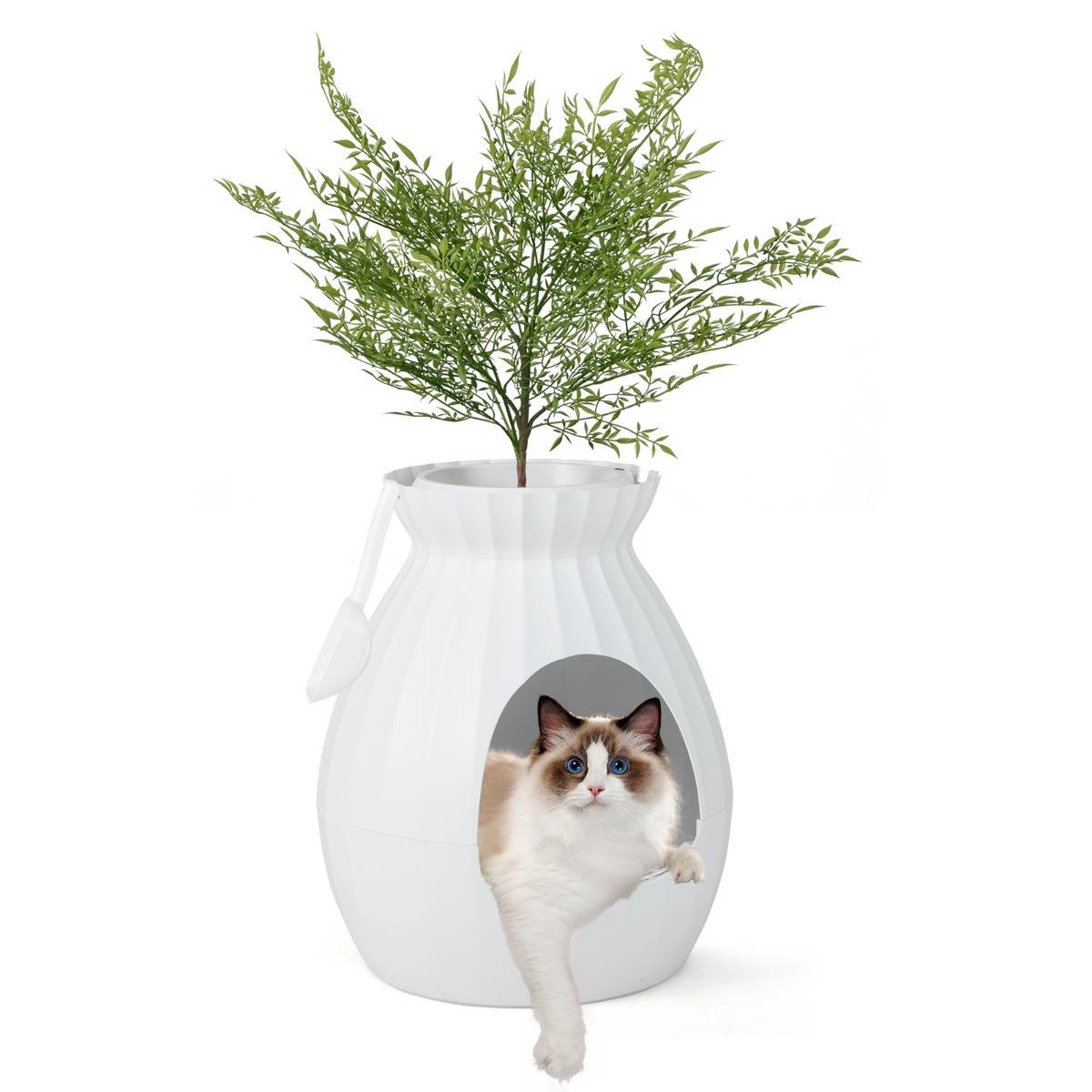 Bac à Litière pour Chat 63L - Désodorisation Désinfection Intelligentes - Plante Artificielle Galets Rideau de Porte Pelle Blanc - Image 1