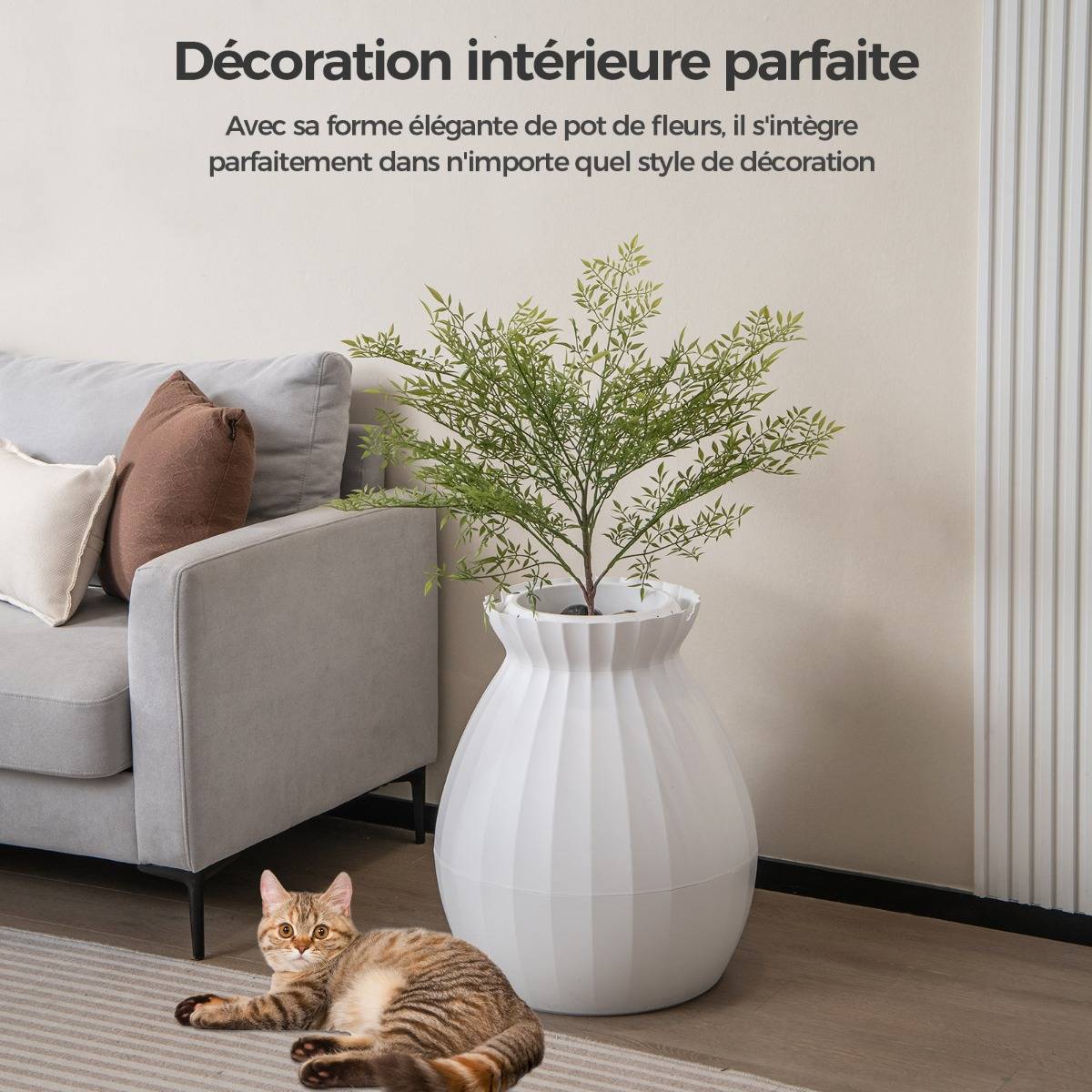 Bac à Litière pour Chat 63L - Désodorisation Désinfection Intelligentes - Plante Artificielle Galets Rideau de Porte Pelle Blanc - Image 5