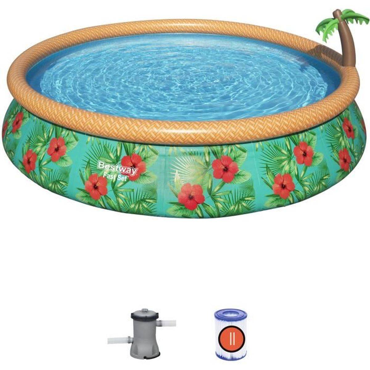 Bestway - Piscine hors-sol autoportante Fast Set ronde 457 x 84 cm, bord gonflable, filtration cartouche, fontaine cocotier - Bestway - Image 4