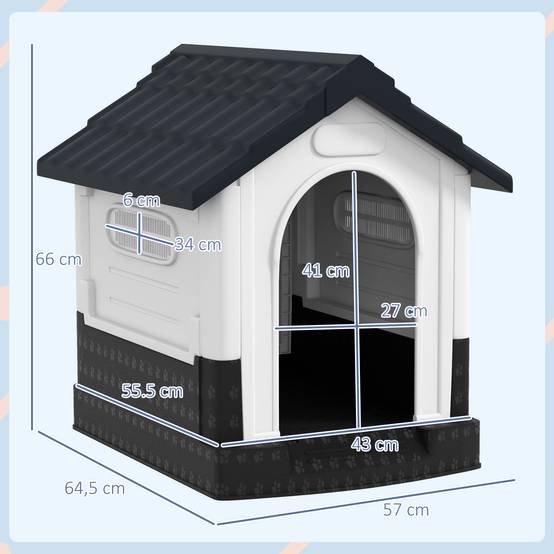 Mini niche d'extérieur en plastique pour chien, avec 3 fenêtres, fond surélevé et toit incliné, 64,5 x 57 x 66 cm, gris foncé - Image 5