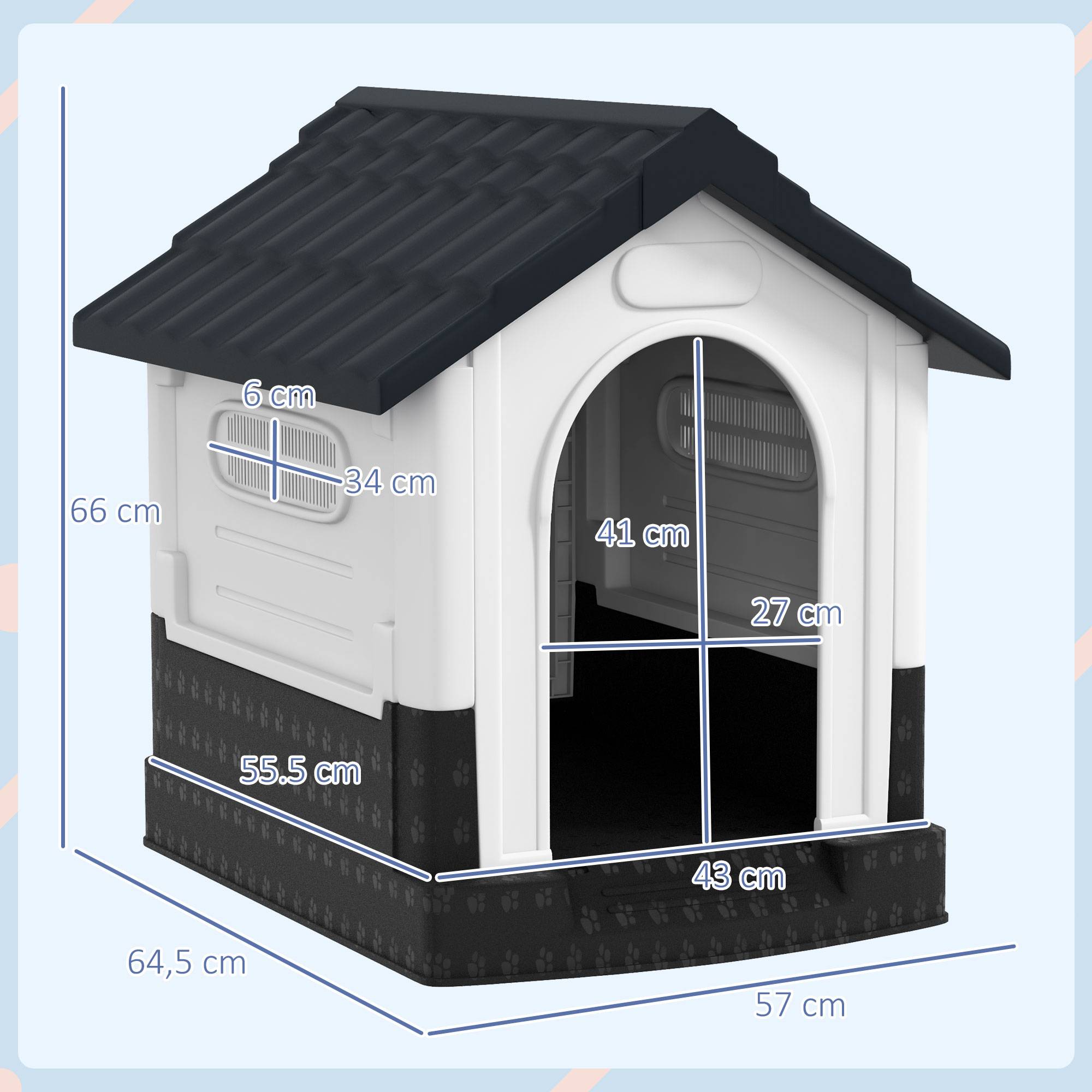 Mini niche d'extérieur en plastique pour chien, avec 3 fenêtres, fond surélevé et toit incliné, 64,5 x 57 x 66 cm, gris foncé - Image 5